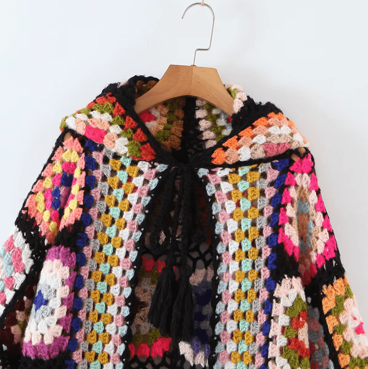 Women Hand Made Granny Square Crochet Hooded Long Sleeve Cardigan Coats & Jackets jehouze 