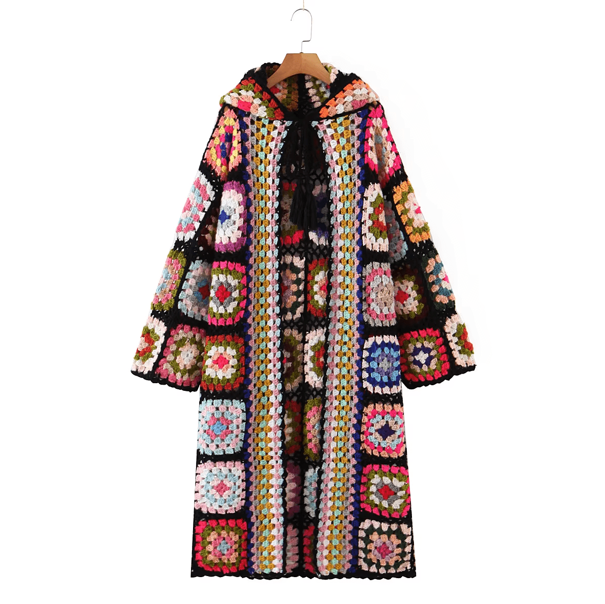 Women Hand Made Granny Square Crochet Hooded Long Sleeve Cardigan Coats & Jackets jehouze Black 