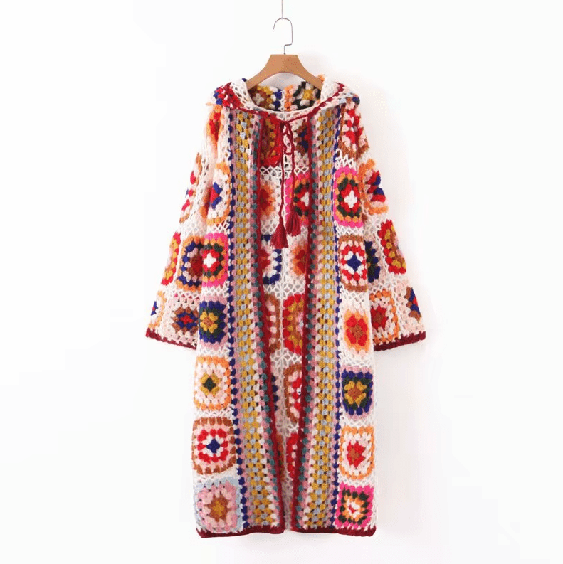 Women Hand Made Granny Square Crochet Hooded Long Sleeve Cardigan Coats & Jackets jehouze White 