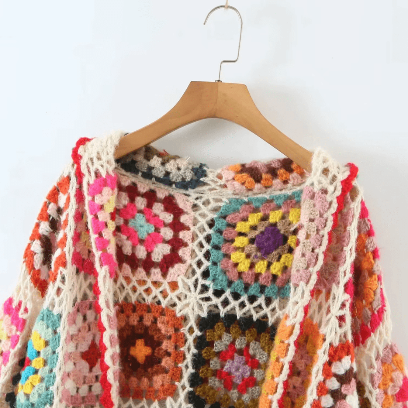 Women Hand Made Granny Square Crochet Hooded Long Sleeve Cardigan Short Jumper Coats & Jackets jehouze 
