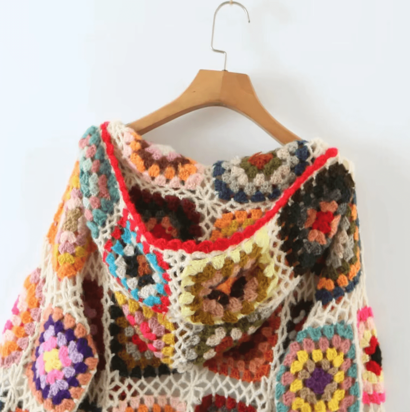 Women Hand Made Granny Square Crochet Hooded Long Sleeve Cardigan Short Jumper Coats & Jackets jehouze 