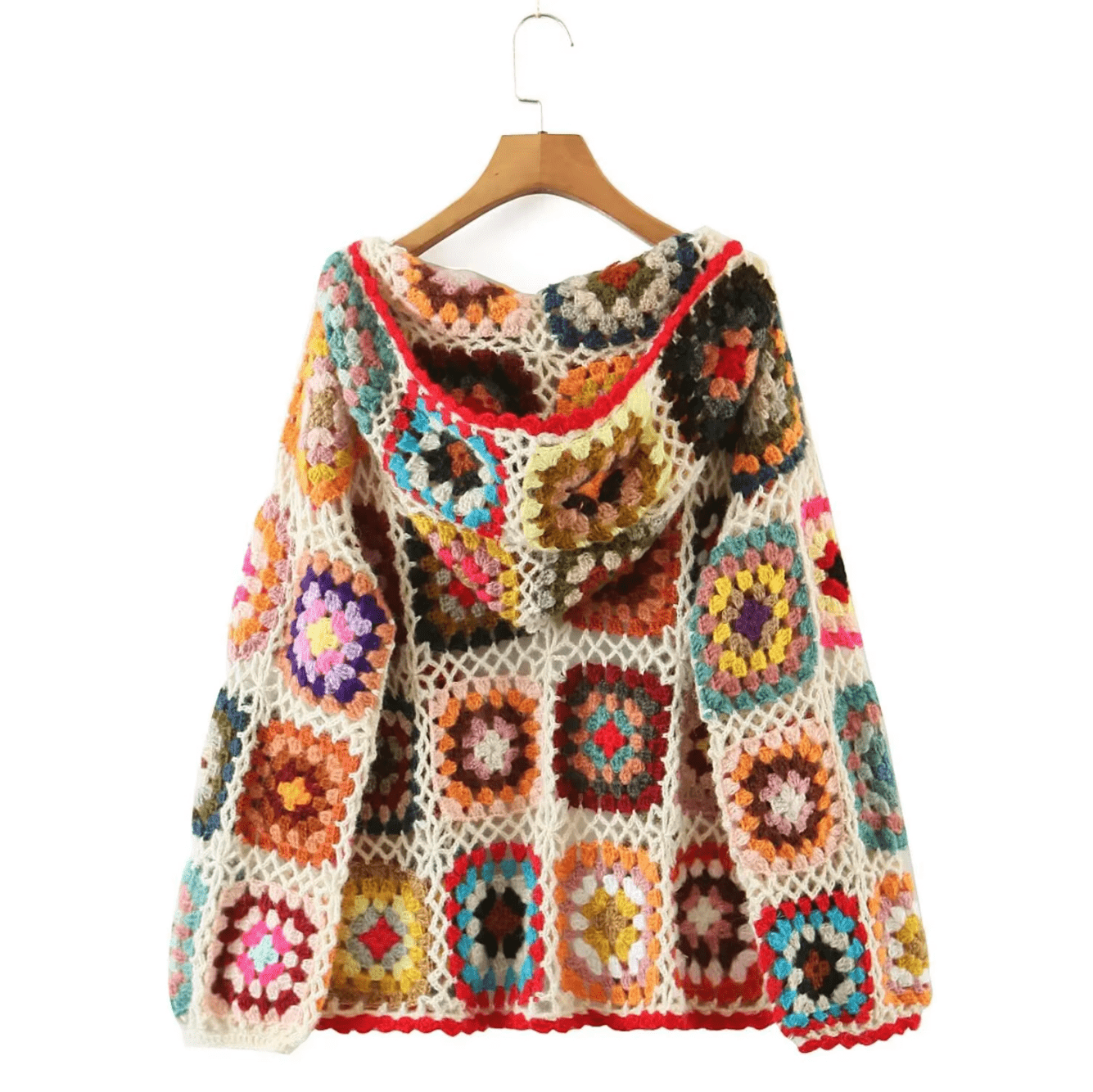 Women Hand Made Granny Square Crochet Hooded Long Sleeve Cardigan Short Jumper Coats & Jackets jehouze 