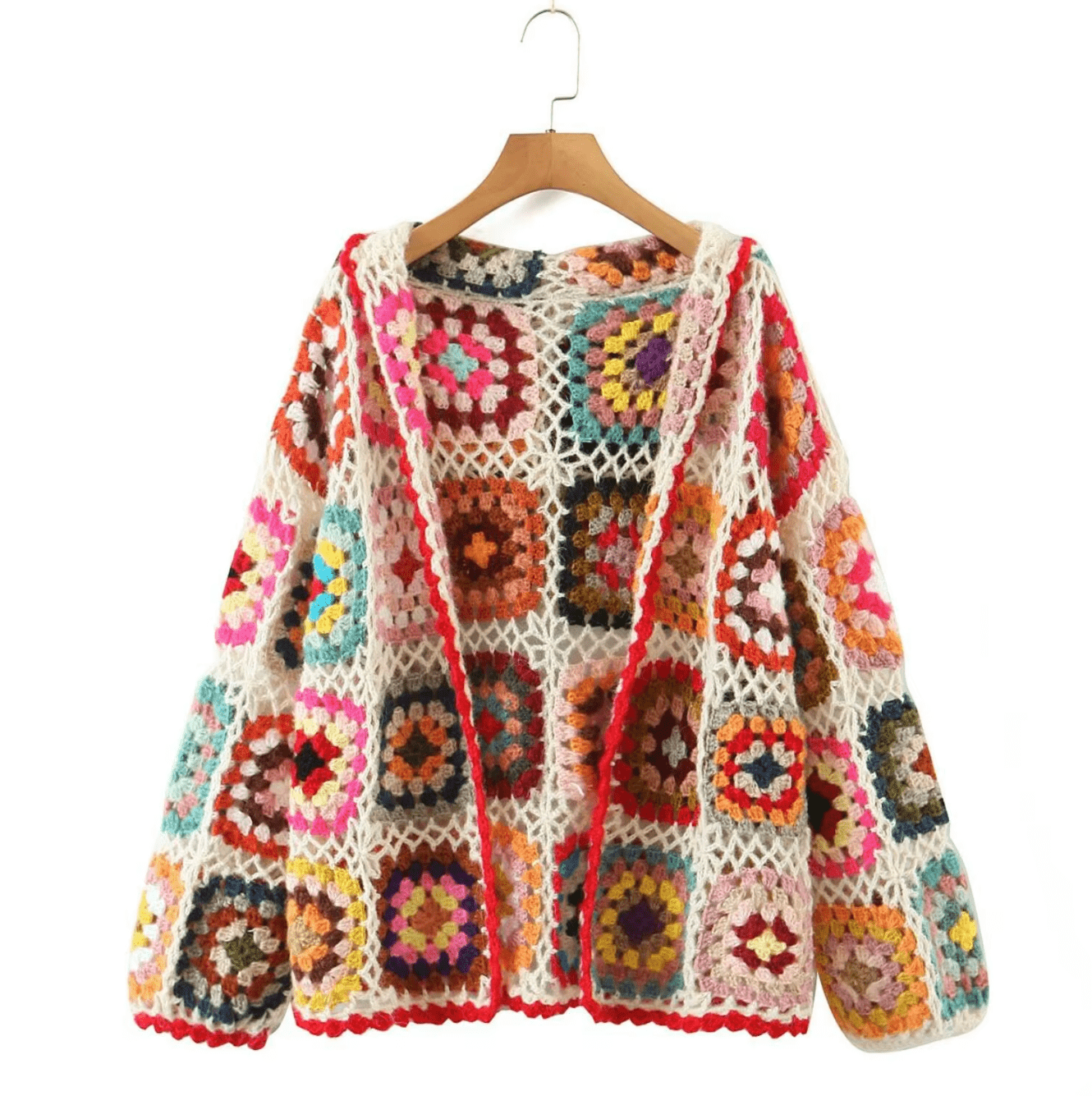 Women Hand Made Granny Square Crochet Hooded Long Sleeve Cardigan Short Jumper Coats & Jackets jehouze White 