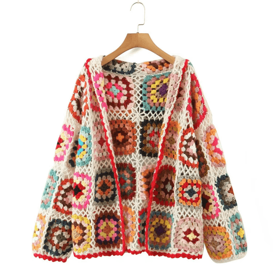 Women Hand Made Granny Square Crochet Hooded Long Sleeve Cardigan Short Jumper Coats & Jackets jehouze White 