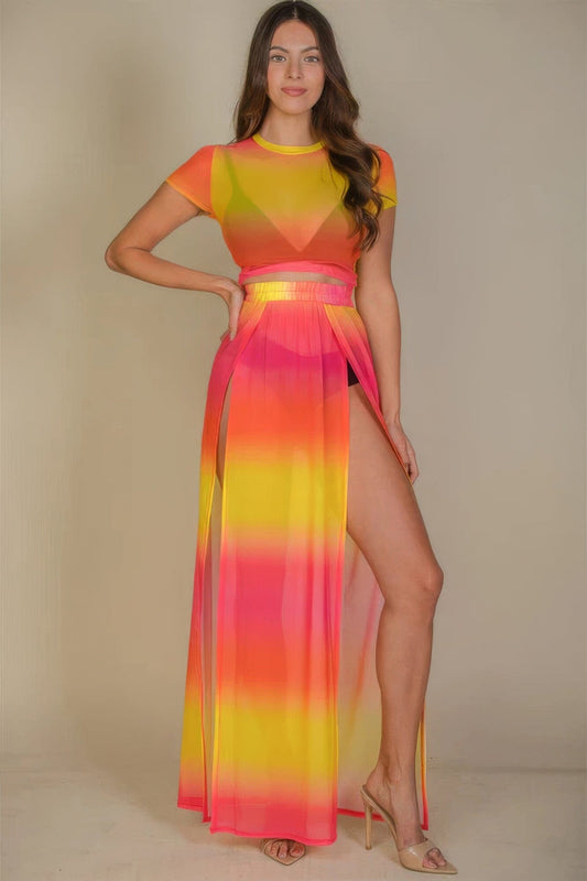 Women High Split Mesh Sheer Maxi Skirt Skirts jehouze Yellow Multi S 