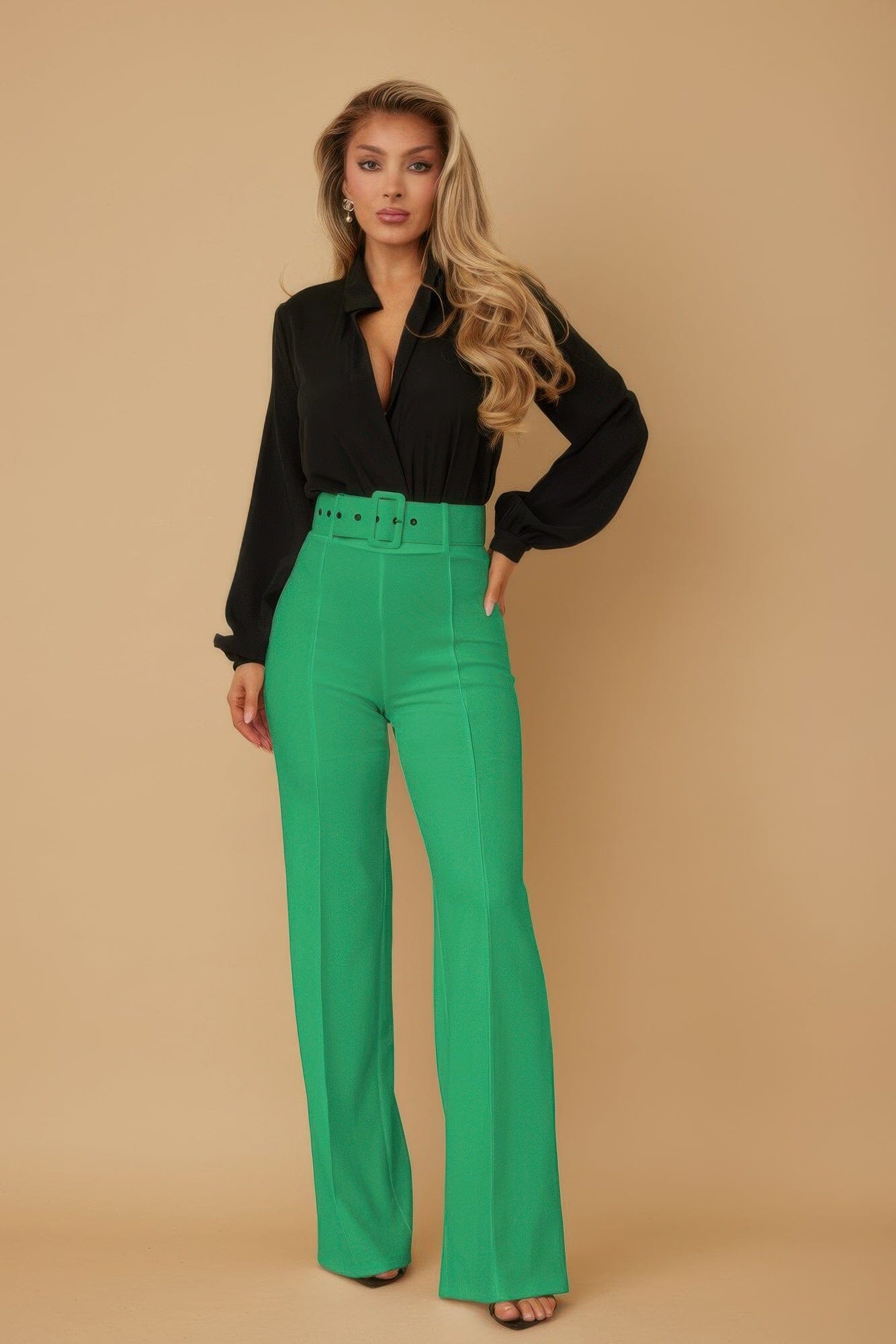 Women High Waist Pants With Buckle Belt Pants jehouze Kelly green S 