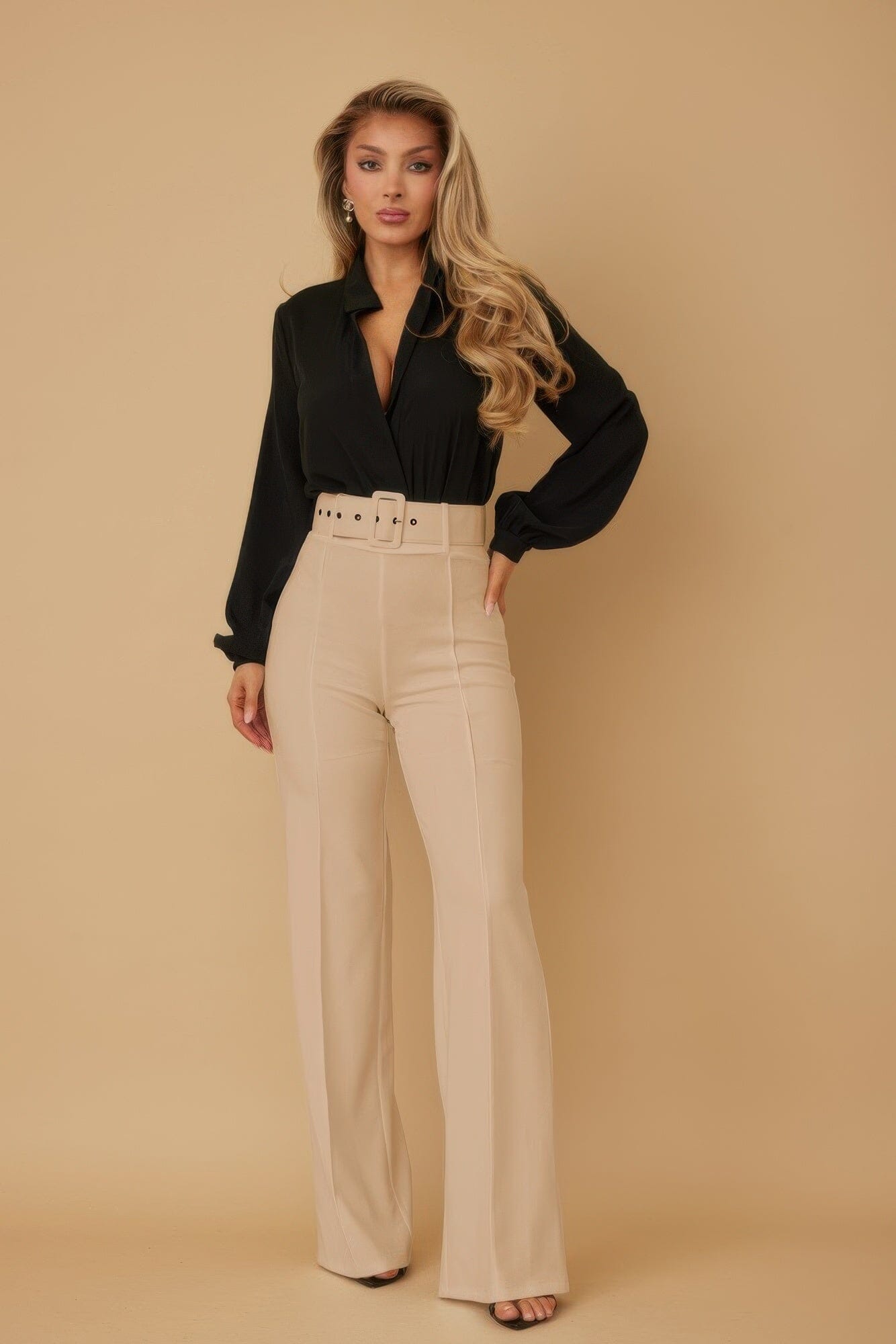 Women High Waist Pants With Buckle Belt Pants jehouze Khaki S 