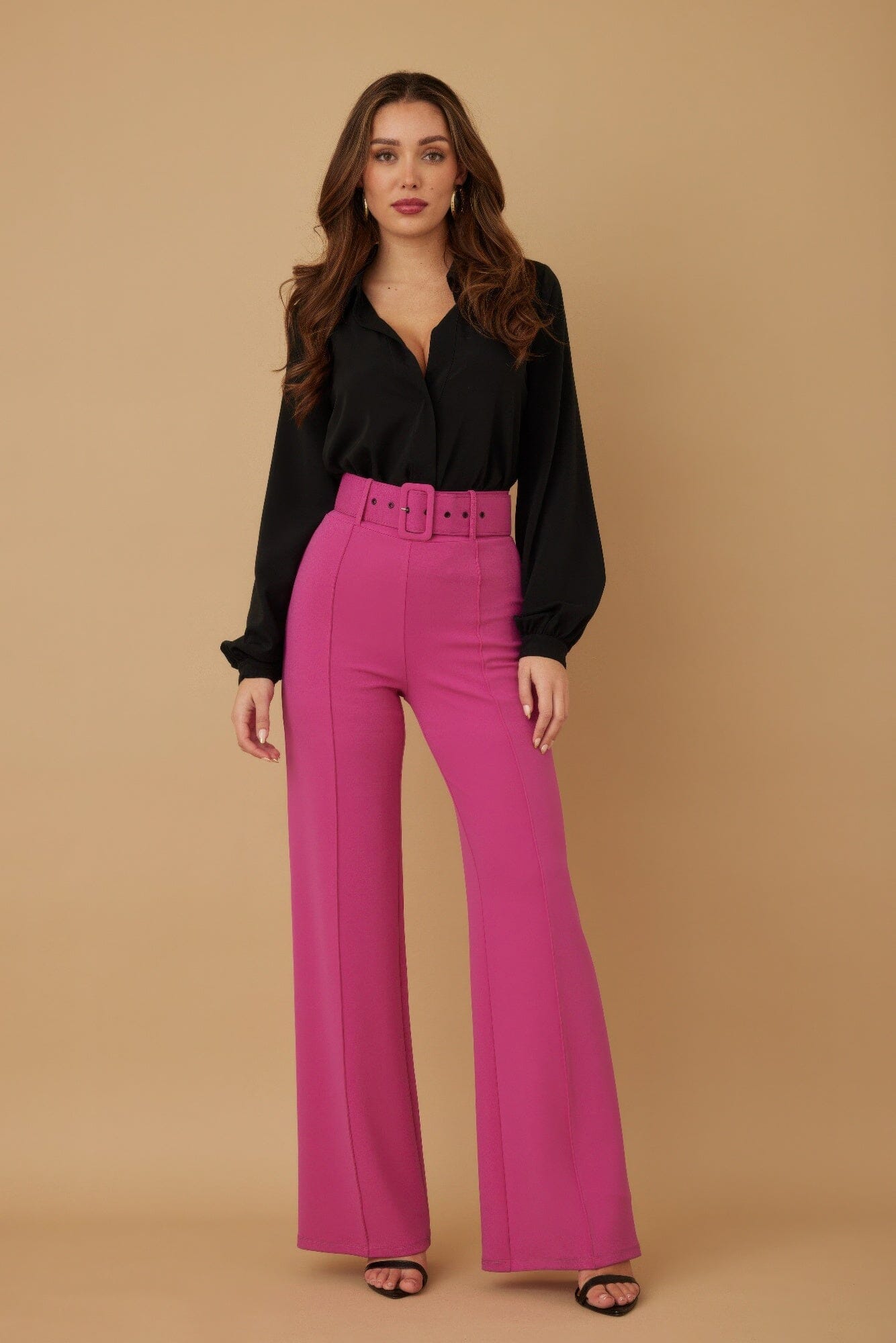 Women High Waist Pants With Buckle Belt Pants jehouze Magenta S 
