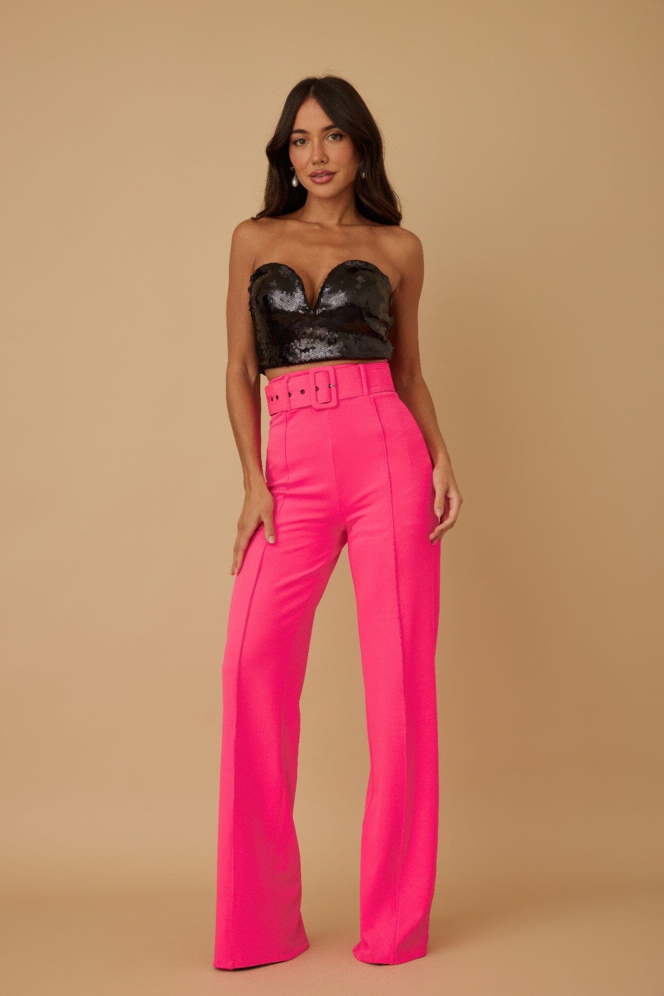 Women High Waist Pants With Buckle Belt Pants jehouze Neon fuchsia S 