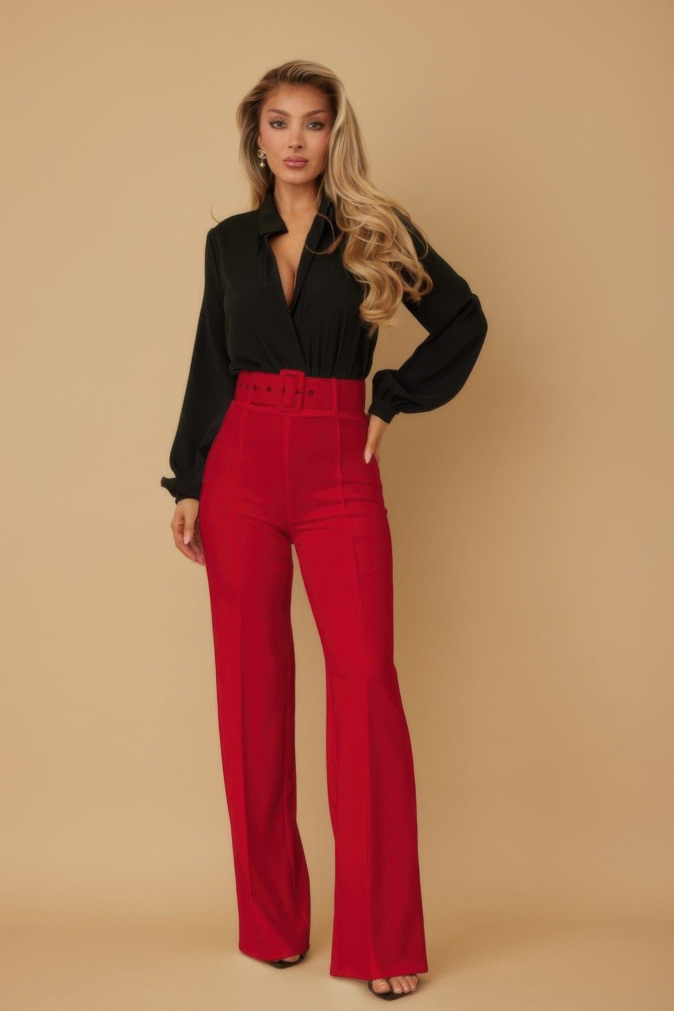 Women High Waist Pants With Buckle Belt Pants jehouze Red S 