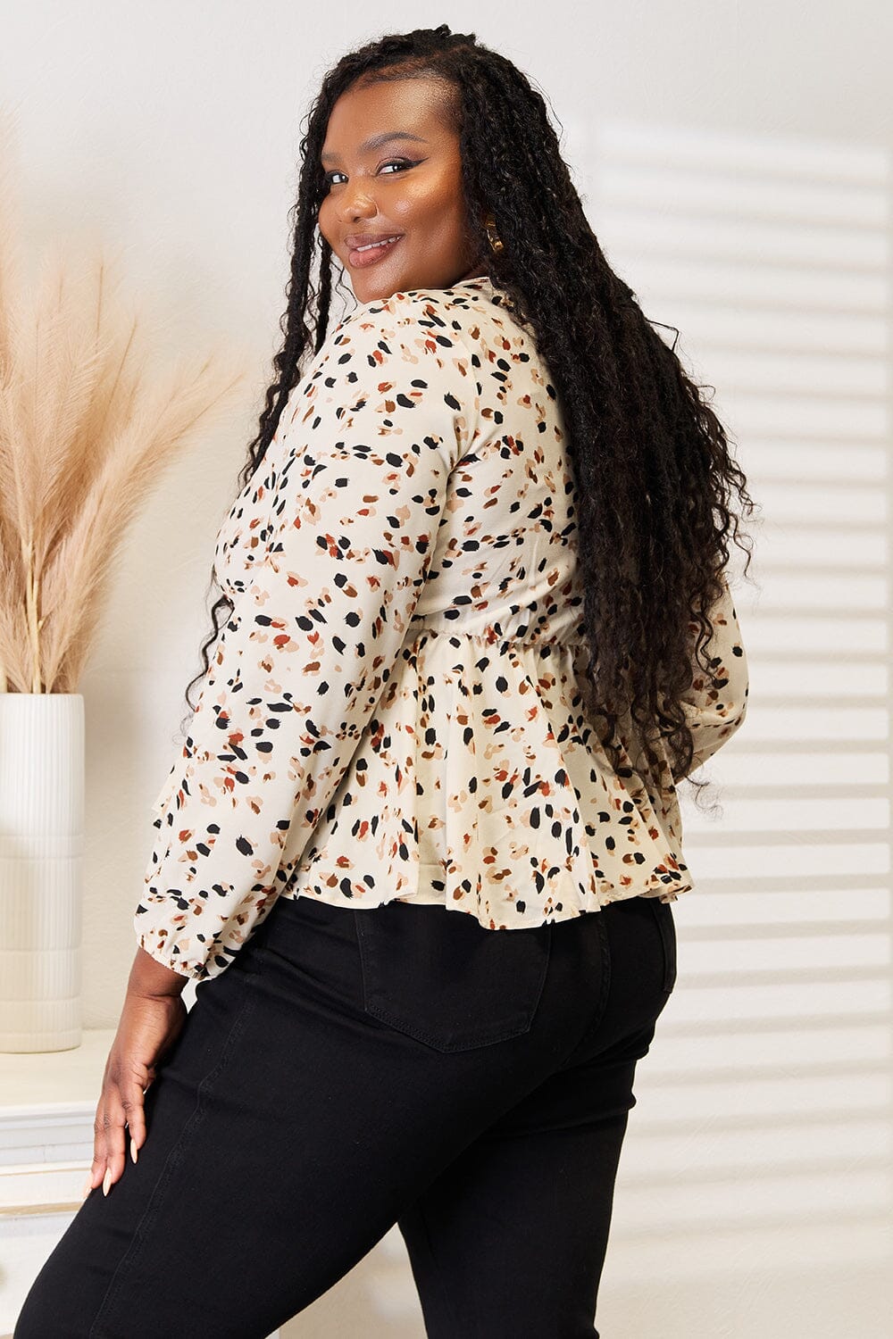 Women Honey Printed Tied Plunge Peplum Blouse Shirts & Tops jehouze 