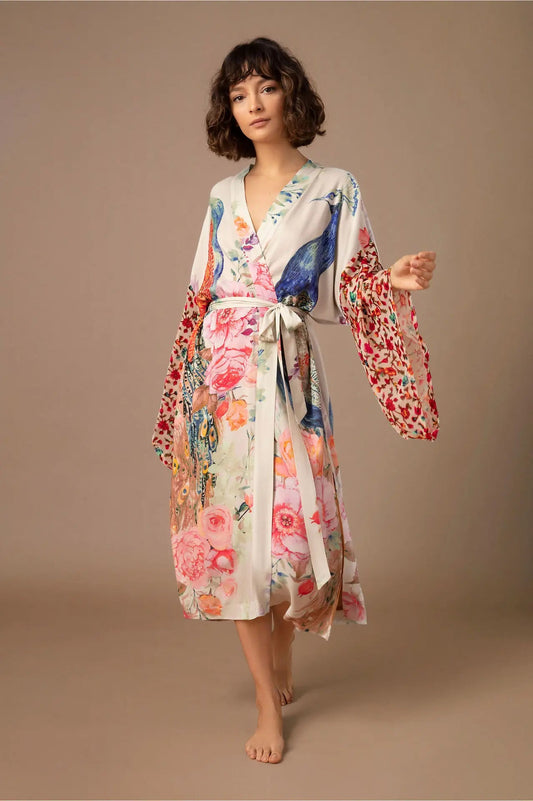 Women Kimono Peacock Printed Open Front Self Belted Swimsuit Cover up Outerwear jehouze Pink 
