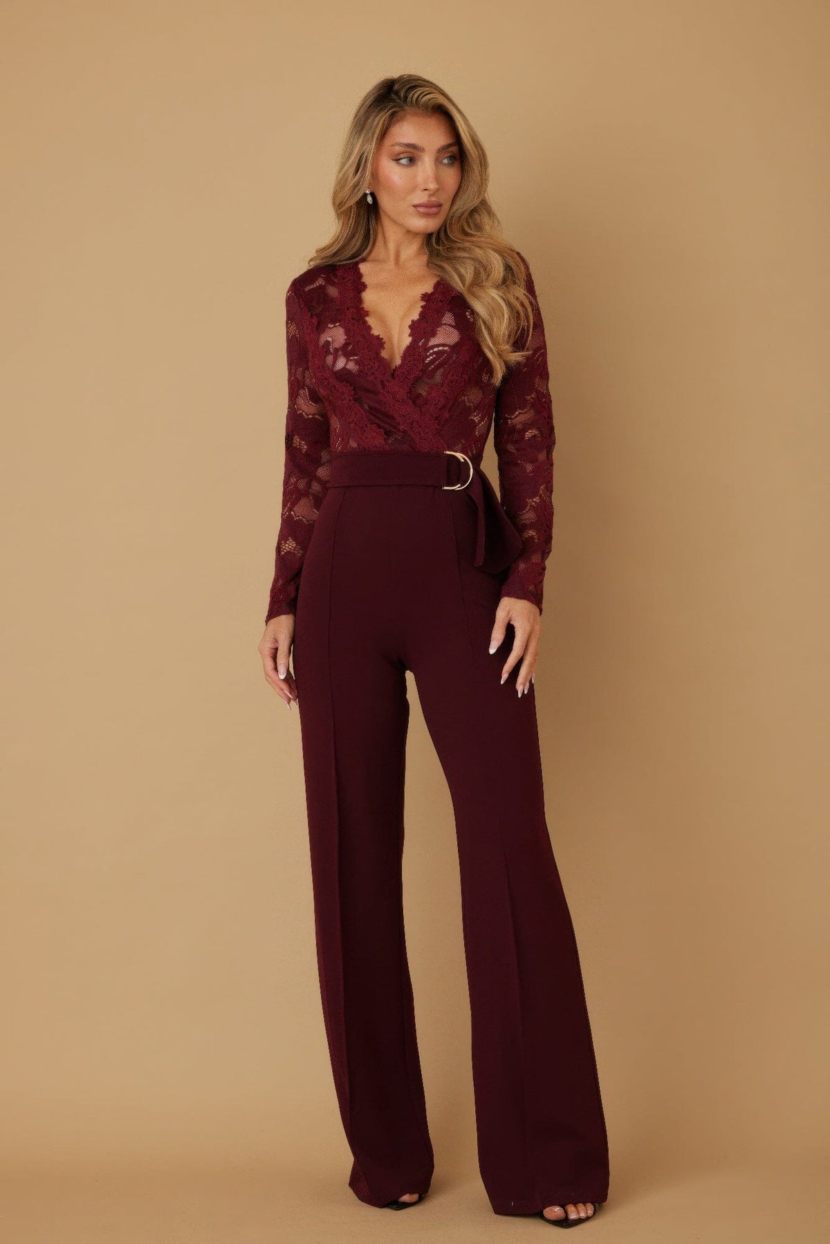 Women Lace Crochet Long Sleeve Jumpsuit Jumpsuits & Rompers jehouze Wine S 