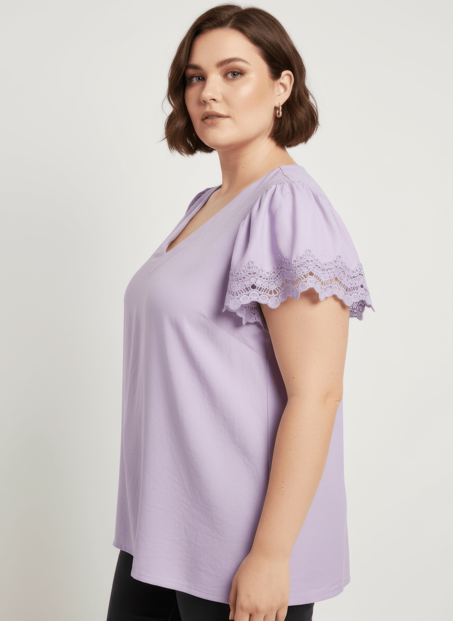 Women Lace Trim V-neck Short Sleeve Knit Top Shirts & Tops jehouze 
