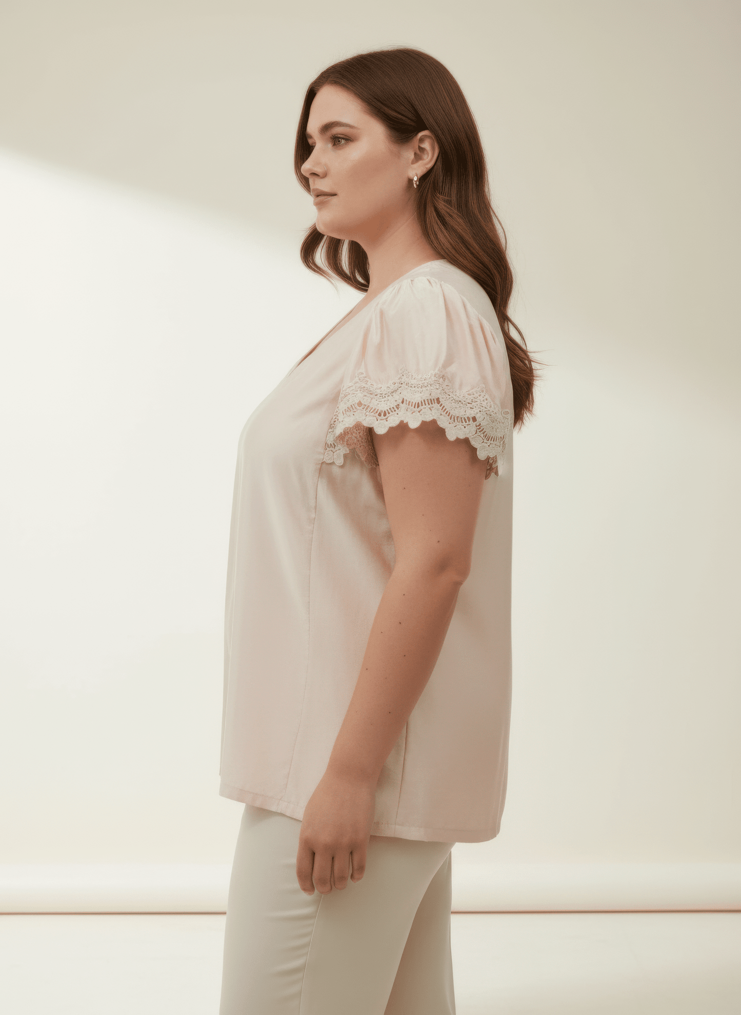 Women Lace Trim V-neck Short Sleeve Knit Top Shirts & Tops jehouze 