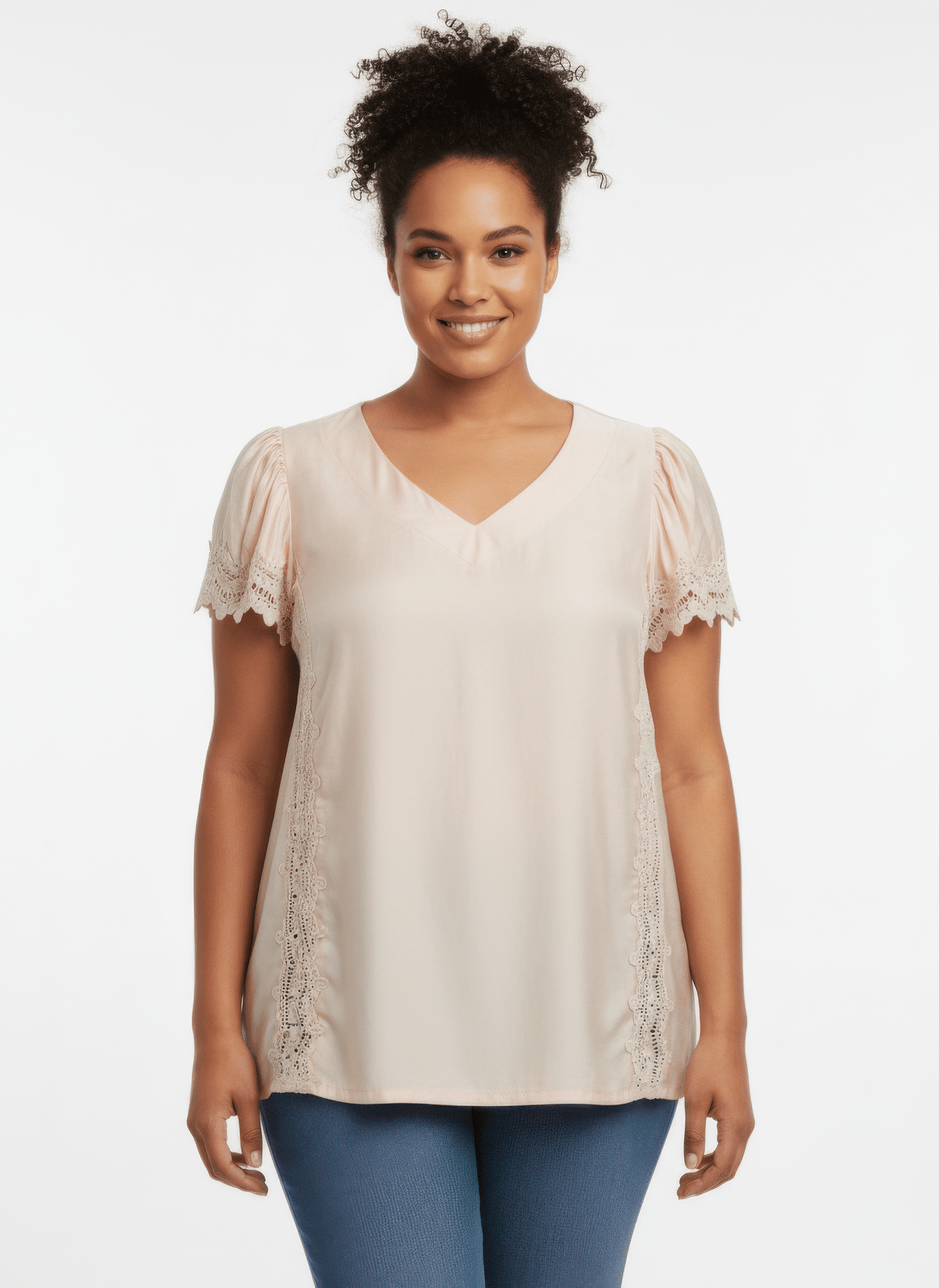 Women Lace Trim V-neck Short Sleeve Knit Top Shirts & Tops jehouze Cream L 