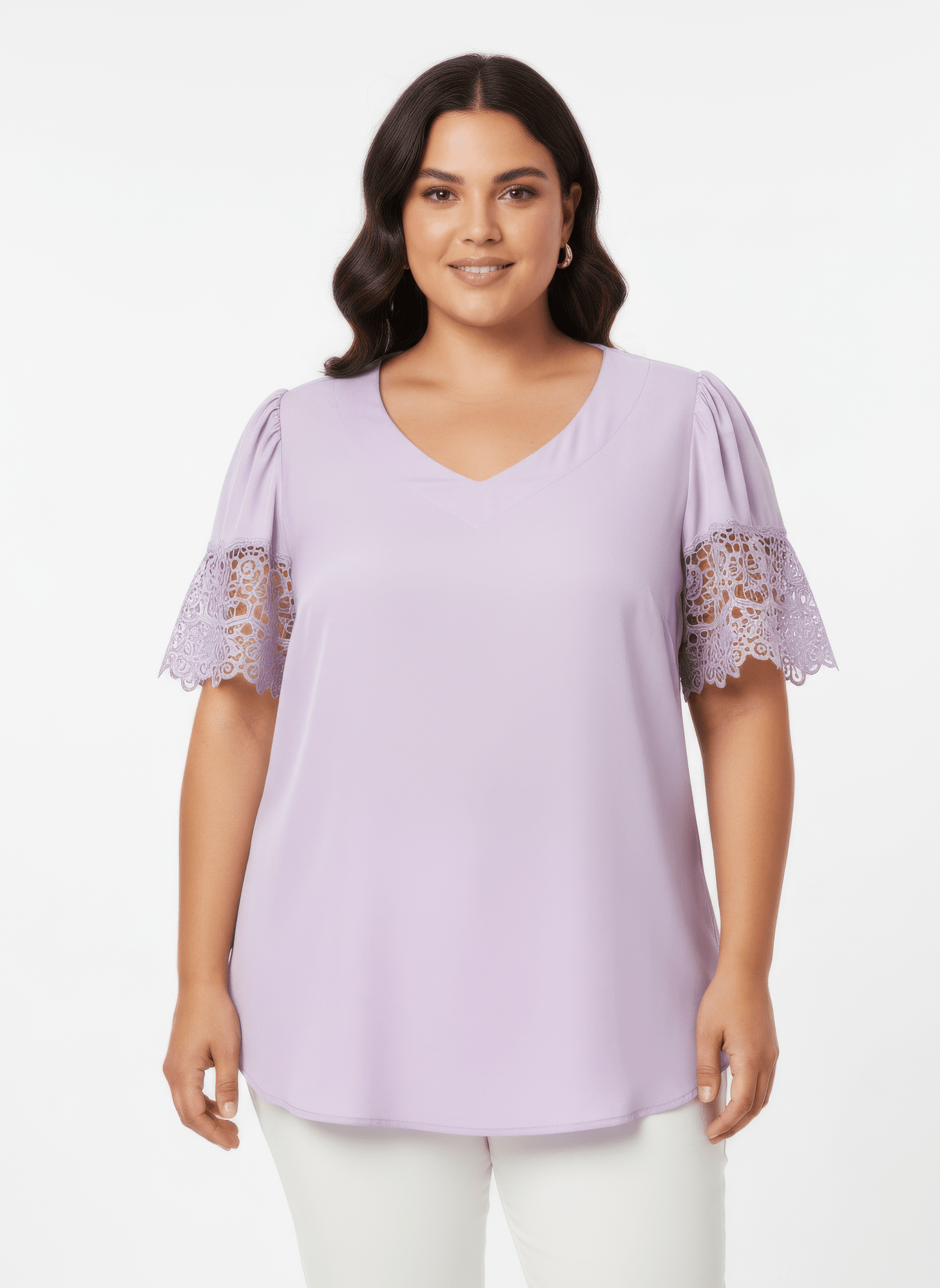 Women Lace Trim V-neck Short Sleeve Knit Top Shirts & Tops jehouze Purple L 