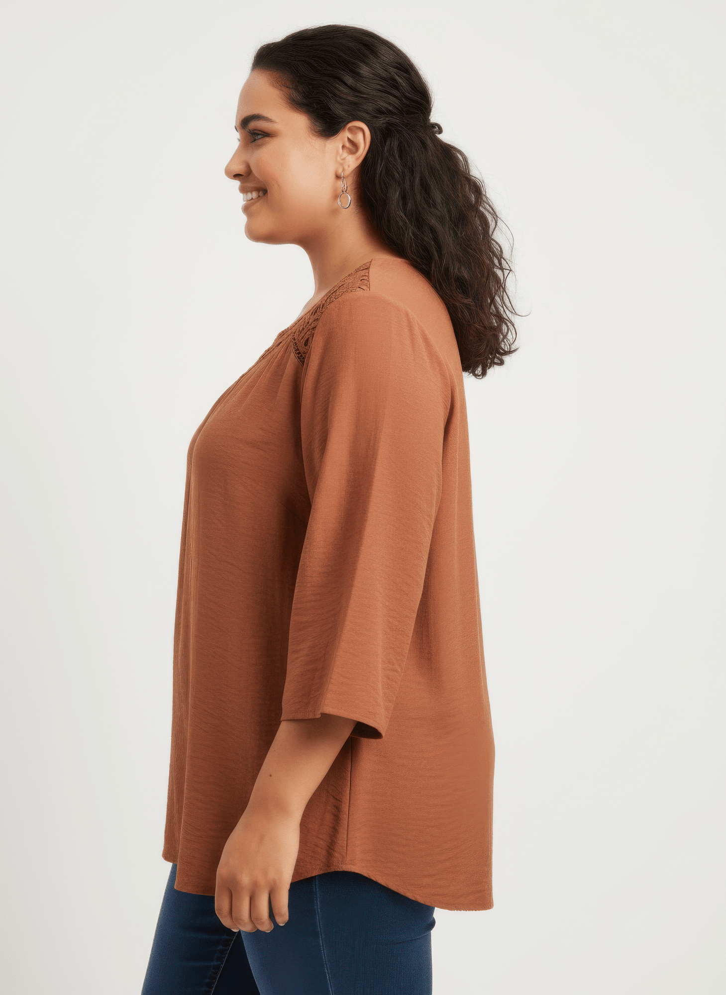 Women Lace Yoke Bell Sleeve Knit Tunic Shirts & Tops jehouze 