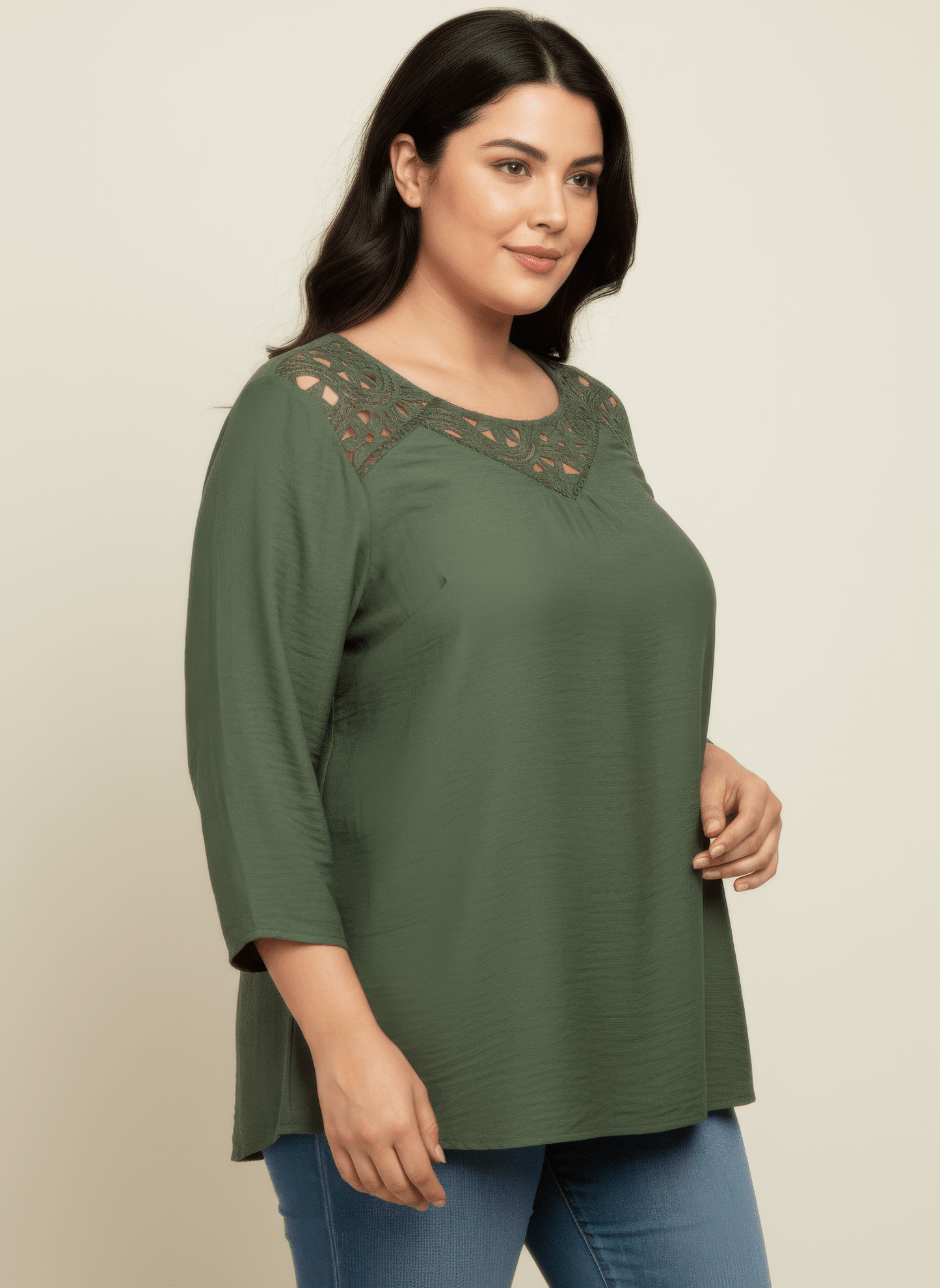 Women Lace Yoke Bell Sleeve Knit Tunic Shirts & Tops jehouze 