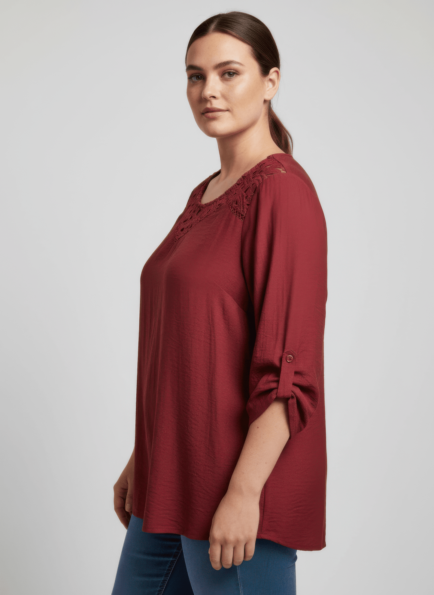 Women Lace Yoke Bell Sleeve Knit Tunic Shirts & Tops jehouze 