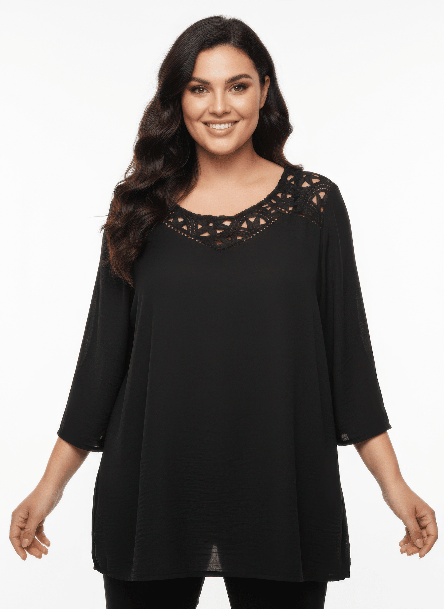Women Lace Yoke Bell Sleeve Knit Tunic Shirts & Tops jehouze Black L 