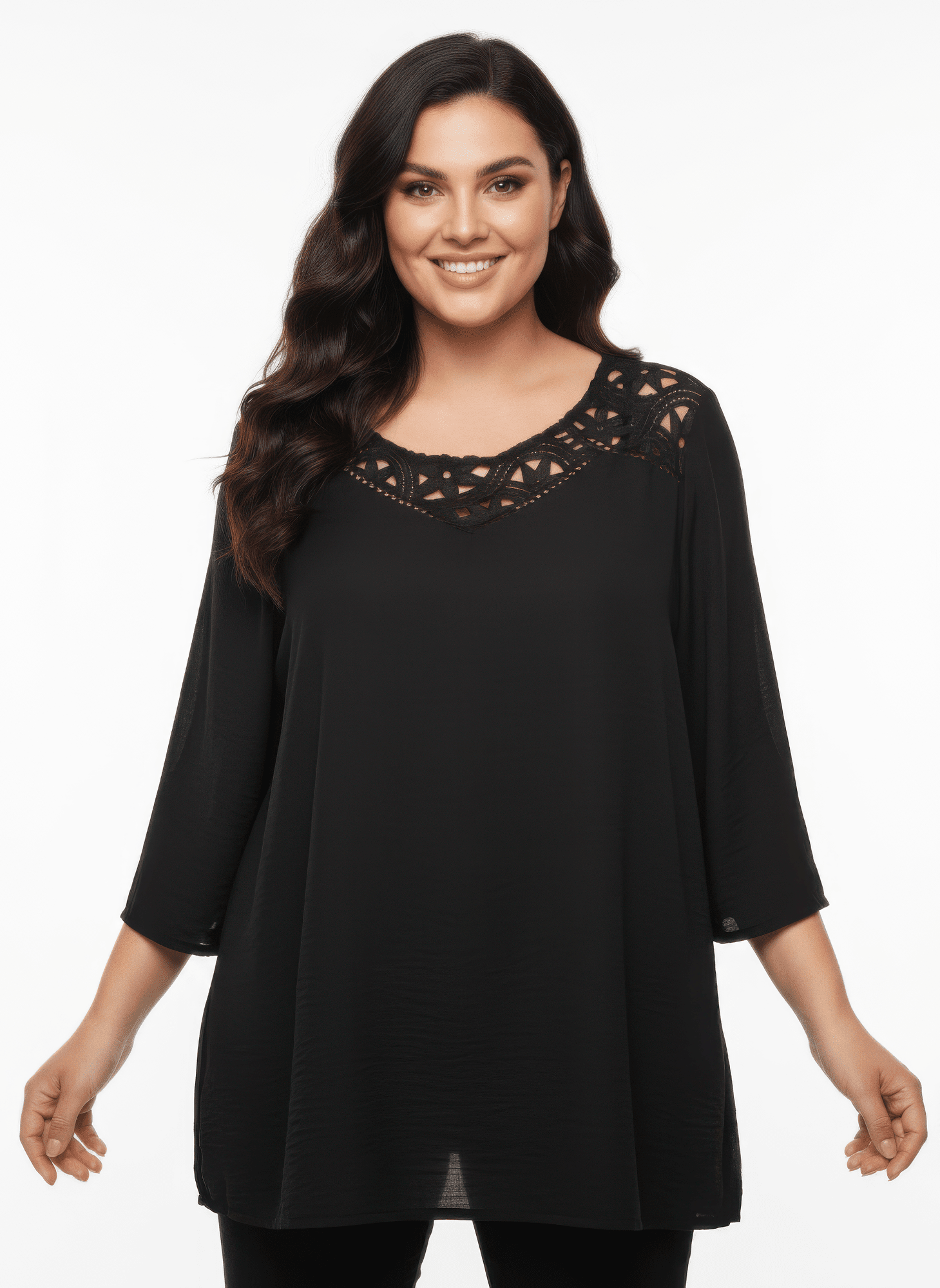 Women Lace Yoke Bell Sleeve Knit Tunic Shirts & Tops jehouze Black L 