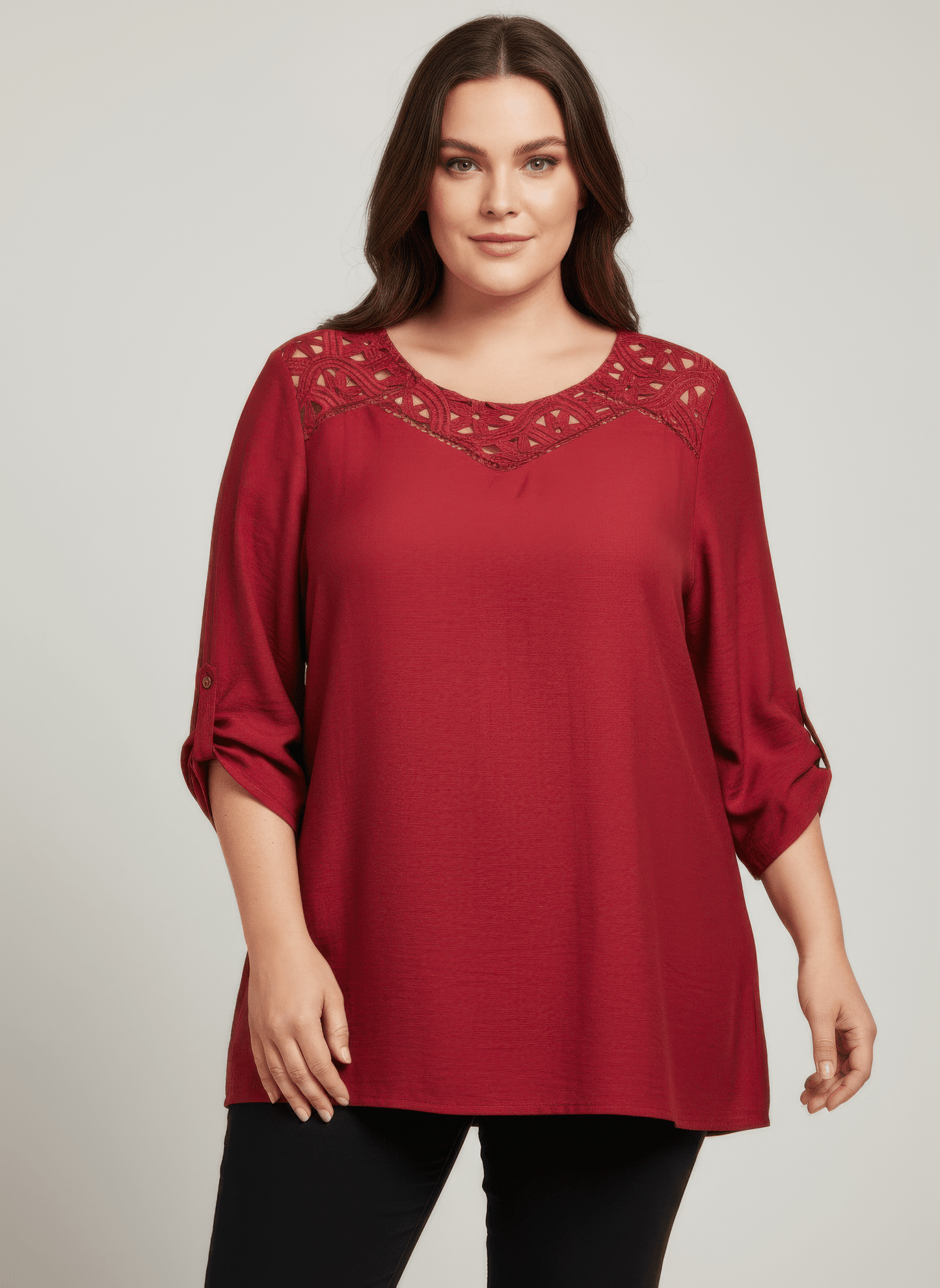 Women Lace Yoke Bell Sleeve Knit Tunic Shirts & Tops jehouze Burgundy L 