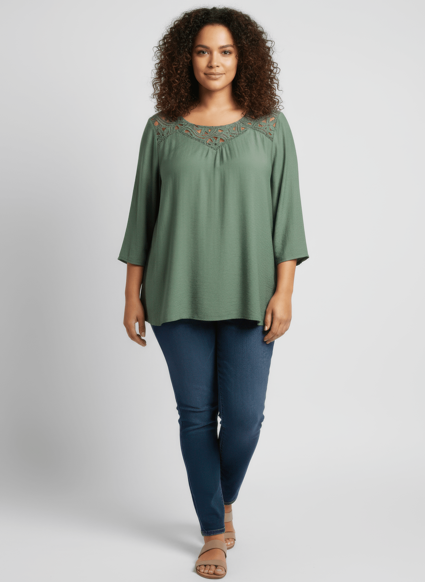 Women Lace Yoke Bell Sleeve Knit Tunic Shirts & Tops jehouze Green L 