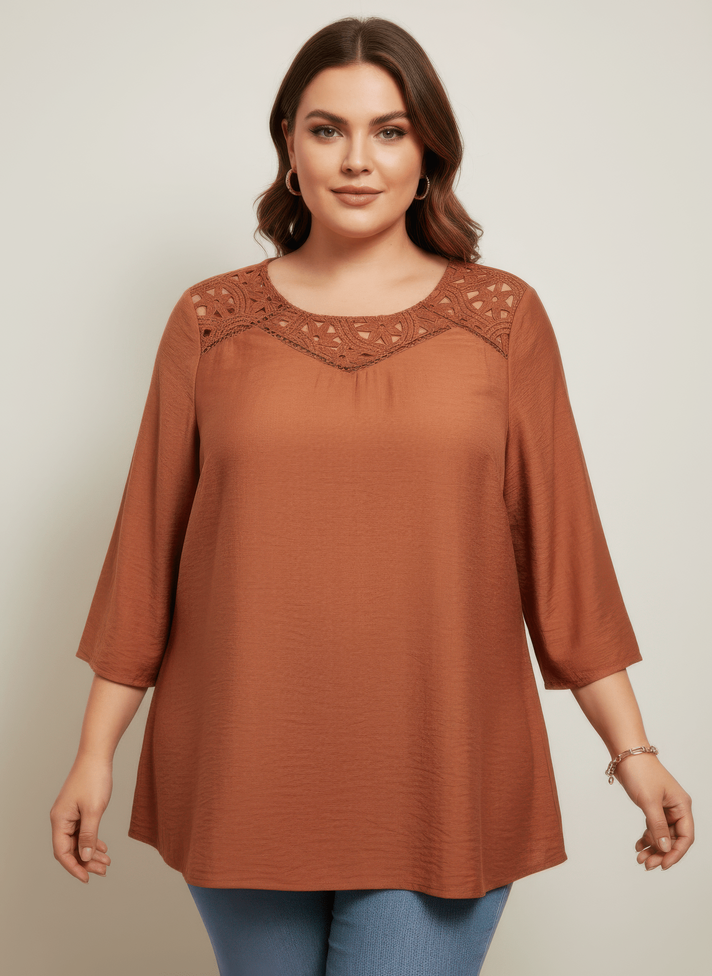 Women Lace Yoke Bell Sleeve Knit Tunic Shirts & Tops jehouze Rust L 
