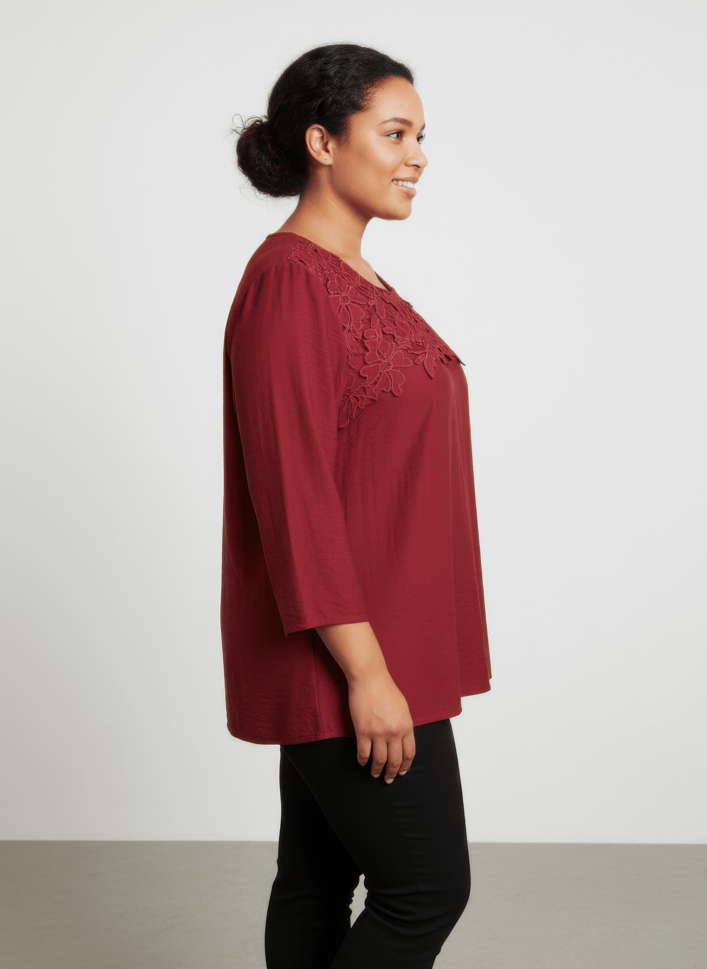Women Lace Yoke Three-quarter Sleeve Knit Top Shirts & Tops jehouze 