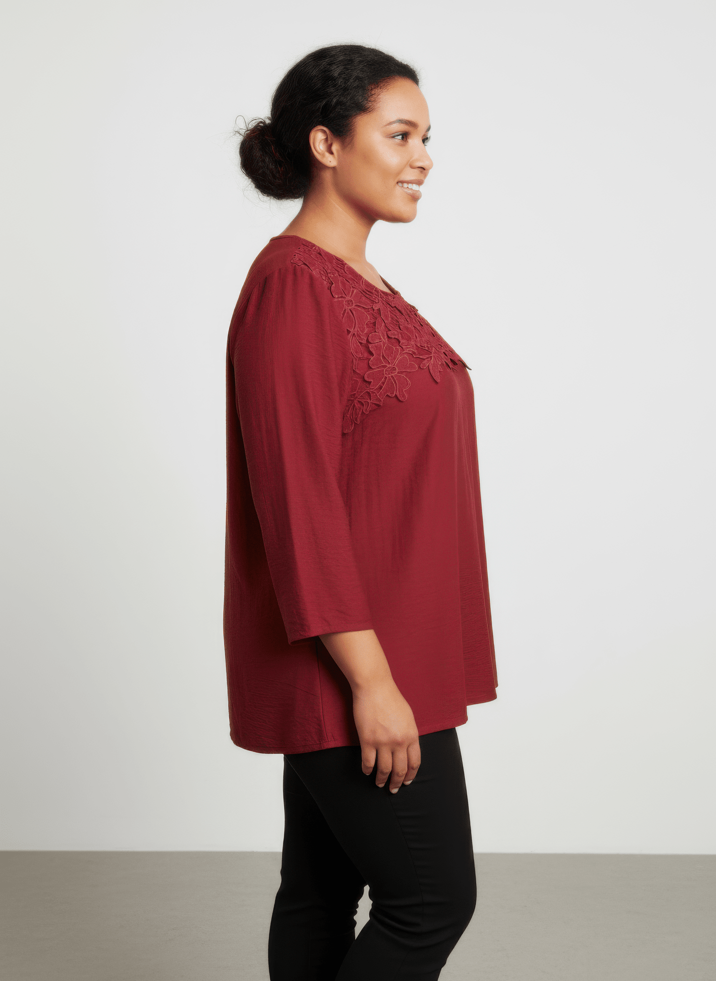 Women Lace Yoke Three-quarter Sleeve Knit Top Shirts & Tops jehouze 