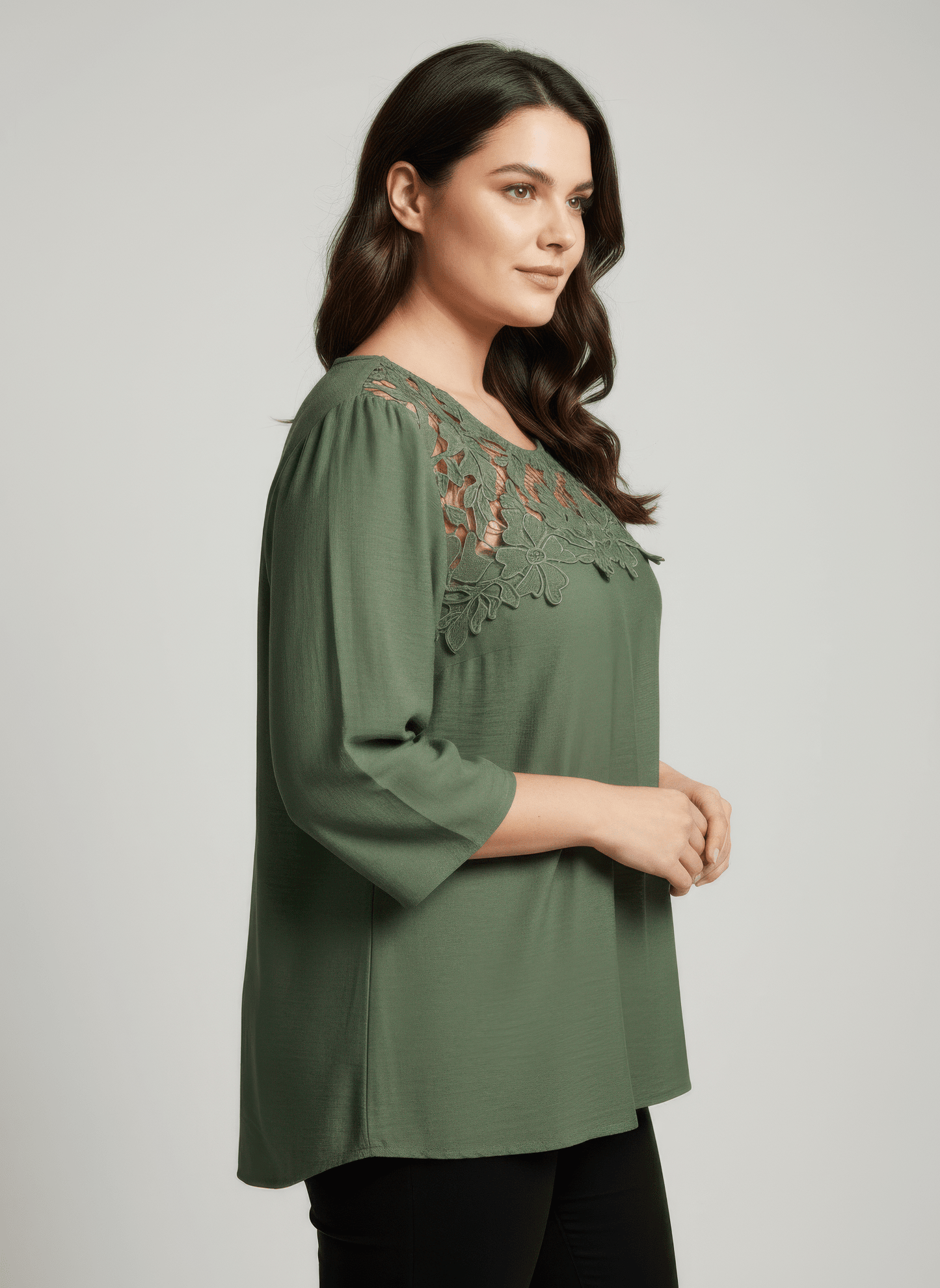 Women Lace Yoke Three-quarter Sleeve Knit Top Shirts & Tops jehouze 