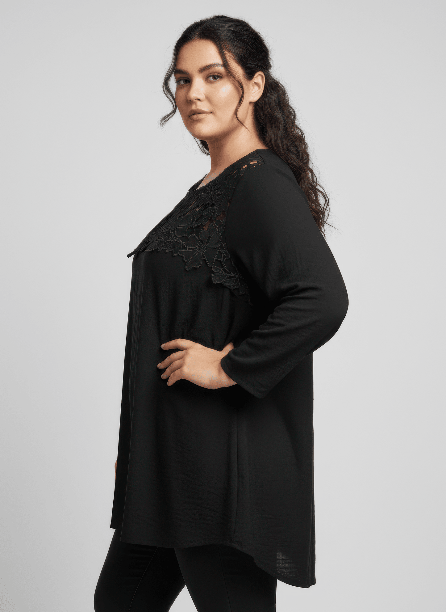 Women Lace Yoke Three-quarter Sleeve Knit Top Shirts & Tops jehouze 