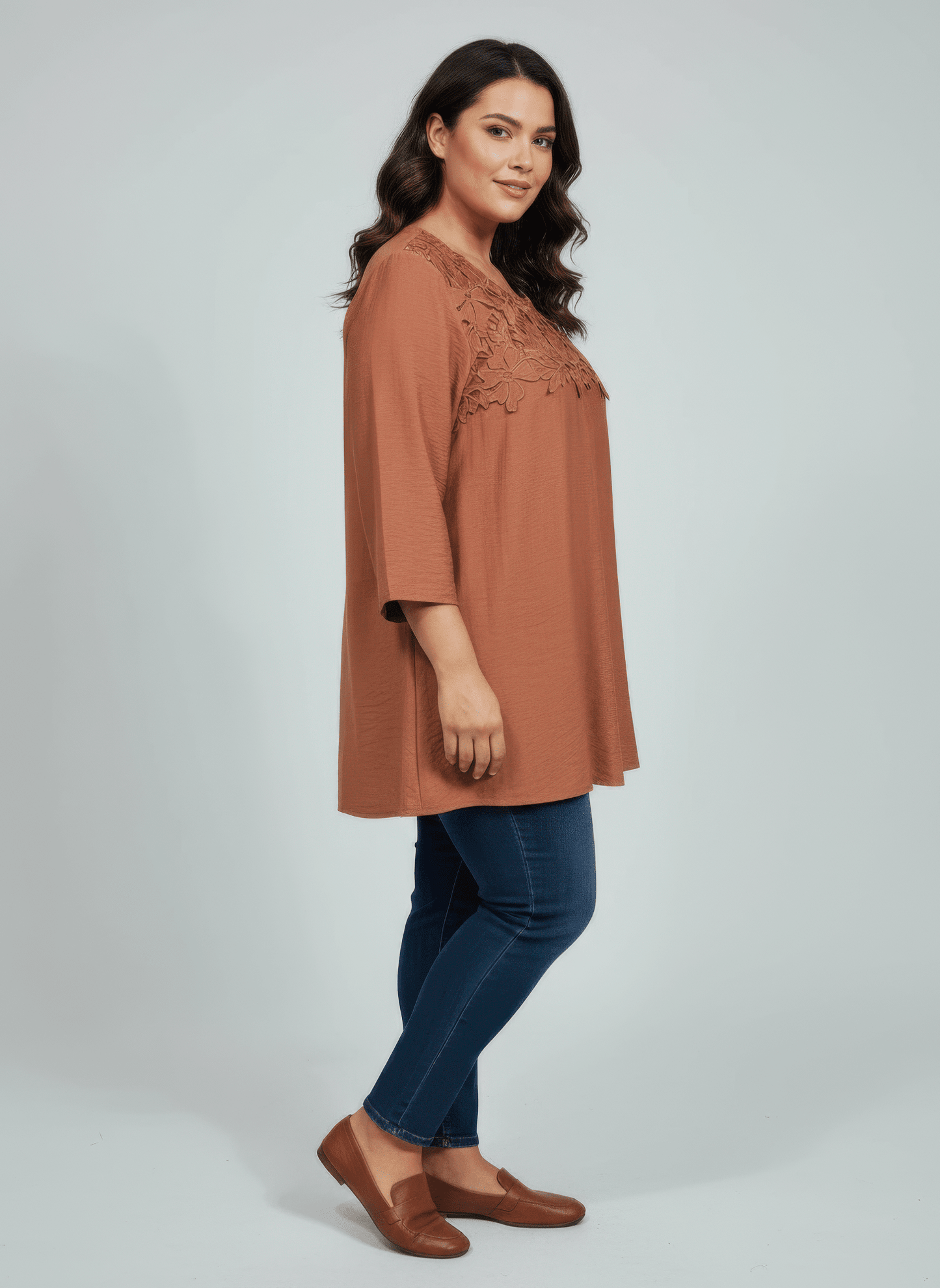 Women Lace Yoke Three-quarter Sleeve Knit Top Shirts & Tops jehouze 