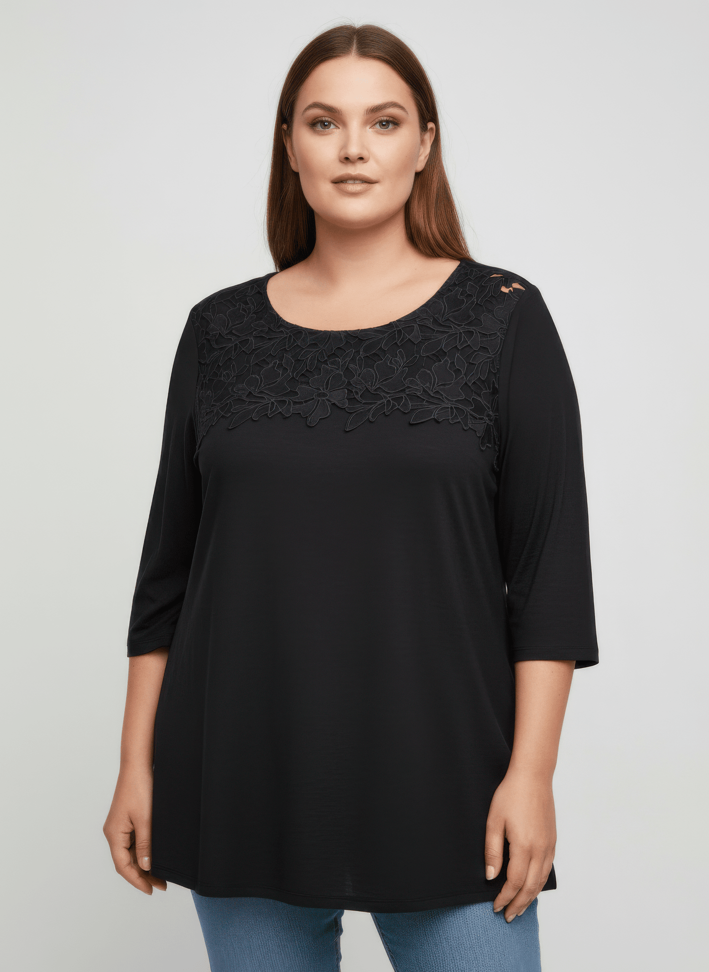Women Lace Yoke Three-quarter Sleeve Knit Top Shirts & Tops jehouze Black L 