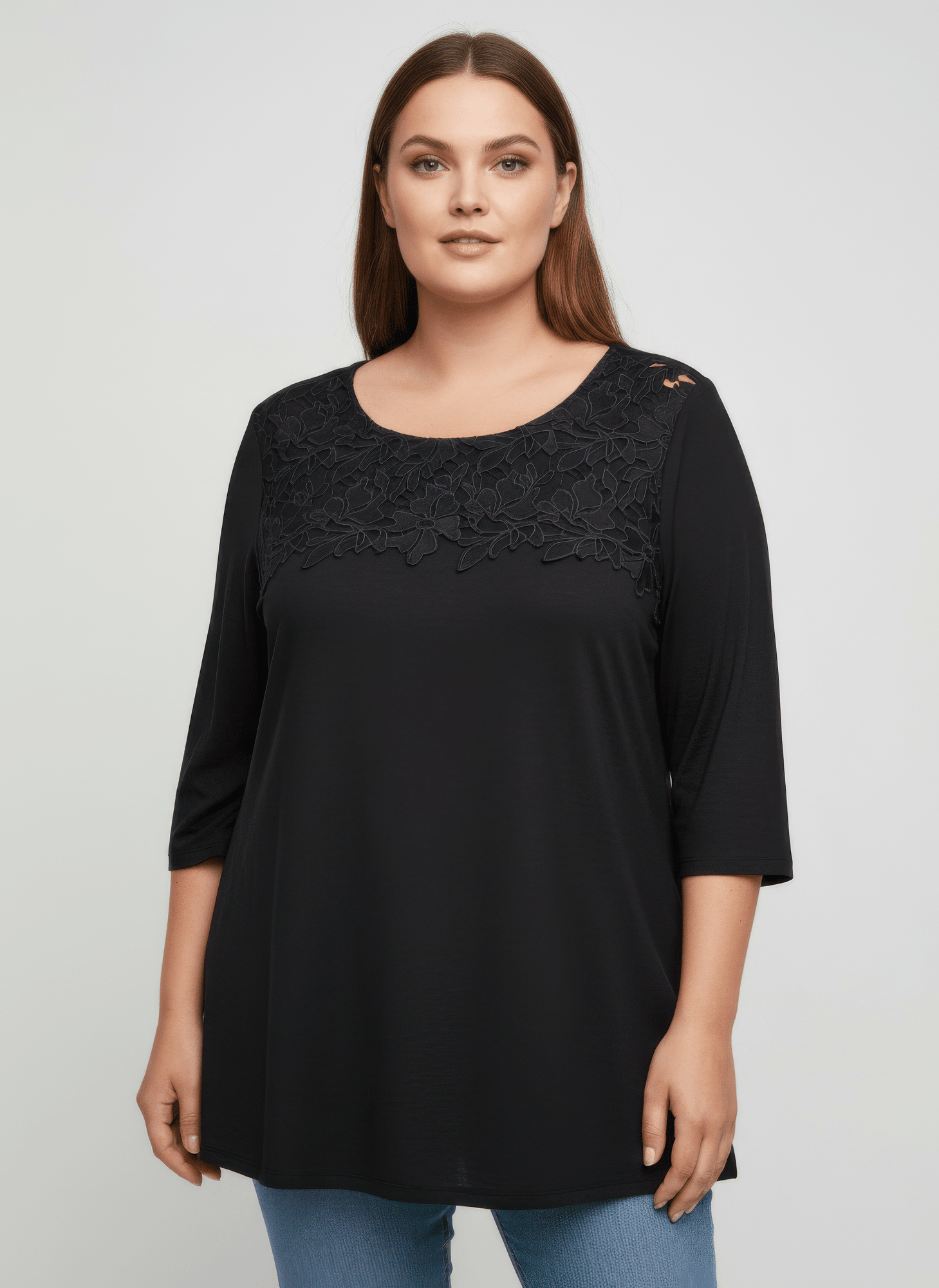 Women Lace Yoke Three-quarter Sleeve Knit Top Shirts & Tops jehouze Black L 