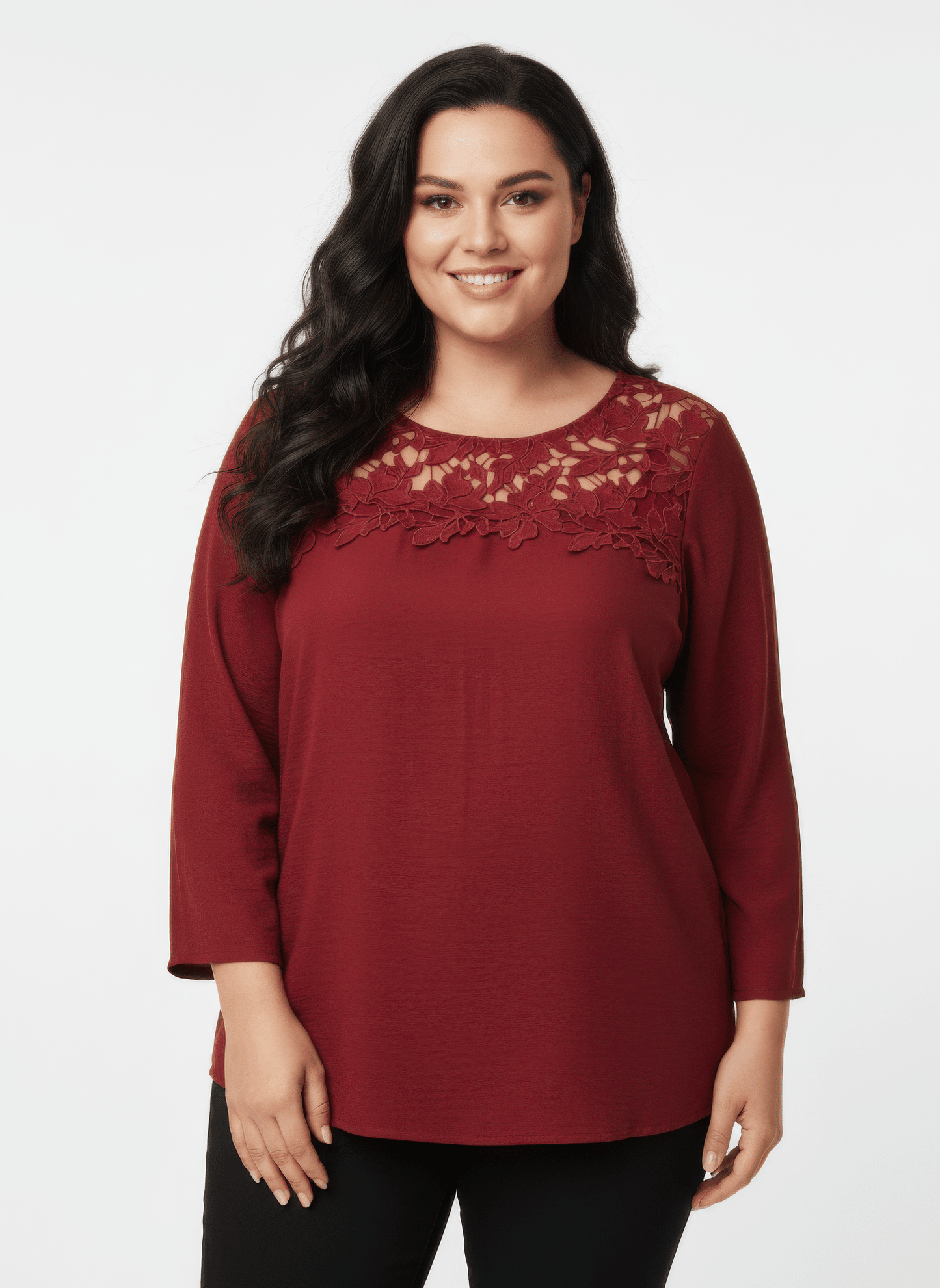 Women Lace Yoke Three-quarter Sleeve Knit Top Shirts & Tops jehouze Burgundy L 