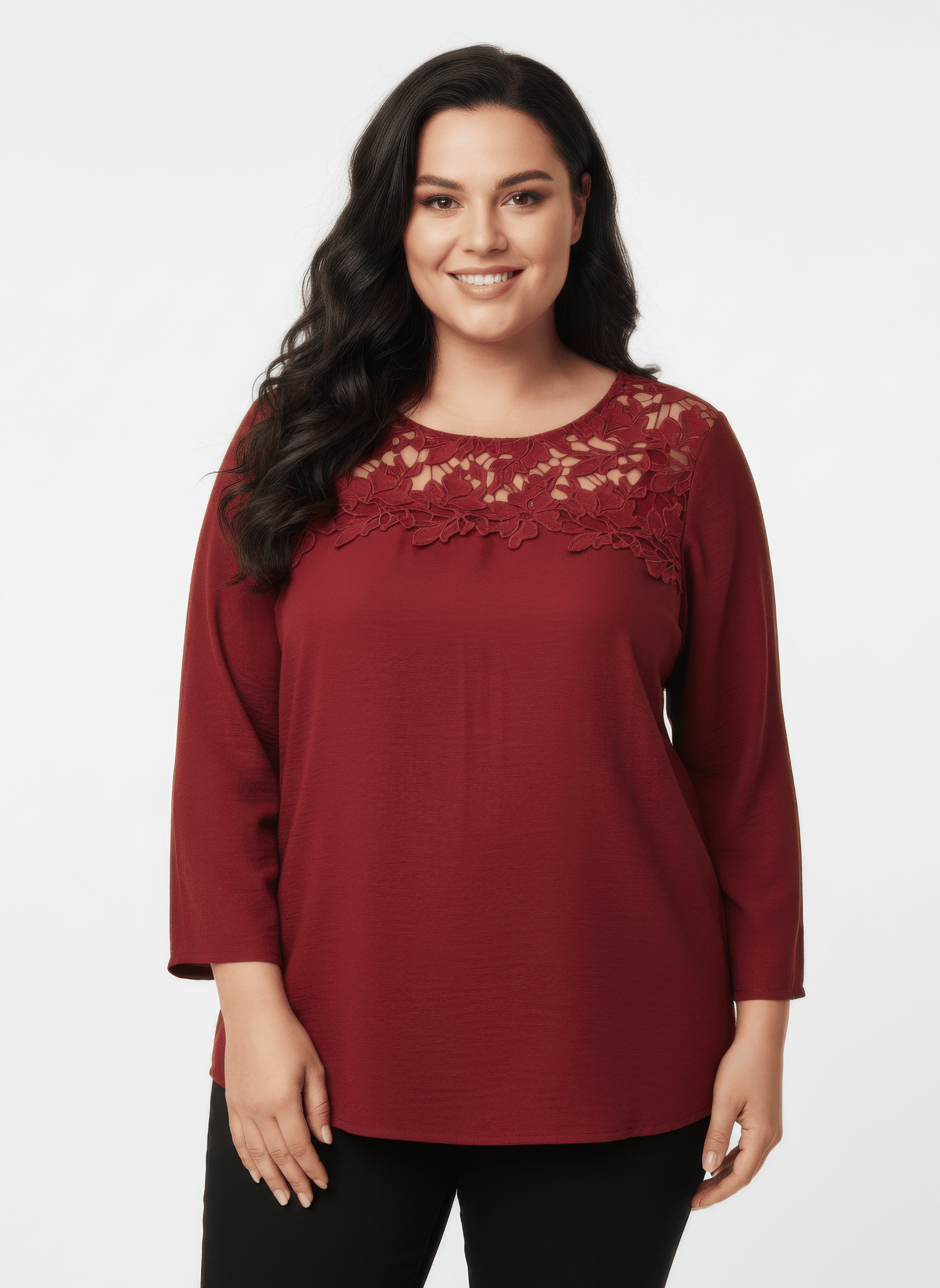 Women Lace Yoke Three-quarter Sleeve Knit Top Shirts & Tops jehouze Burgundy L 