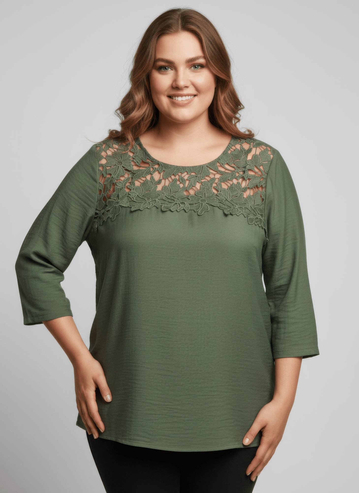 Women Lace Yoke Three-quarter Sleeve Knit Top Shirts & Tops jehouze Green L 