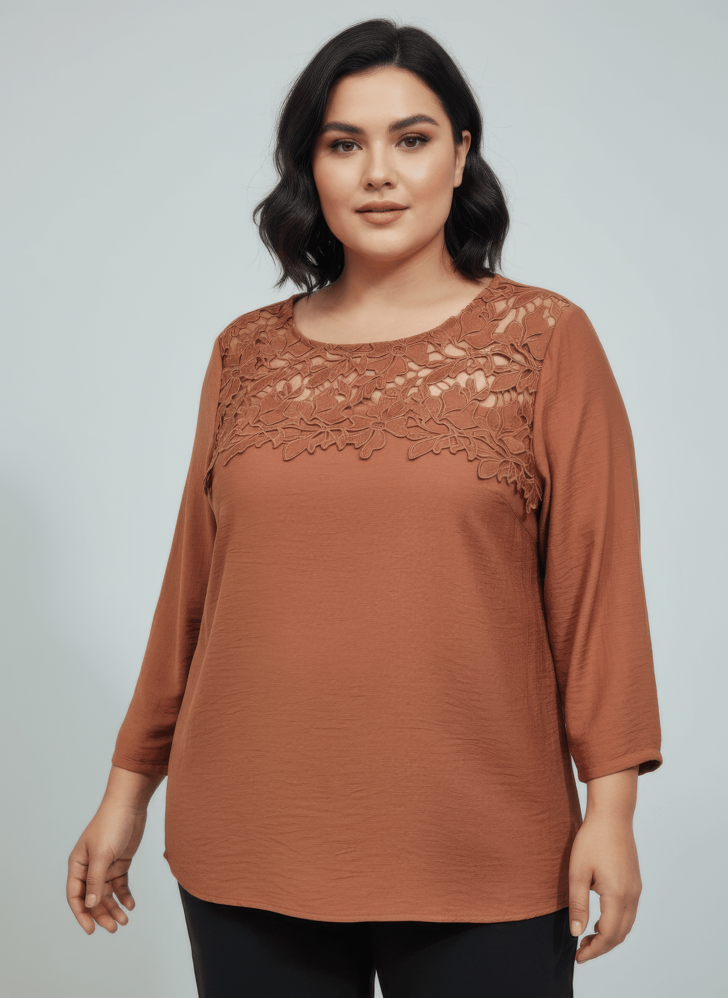 Women Lace Yoke Three-quarter Sleeve Knit Top Shirts & Tops jehouze Rust L 