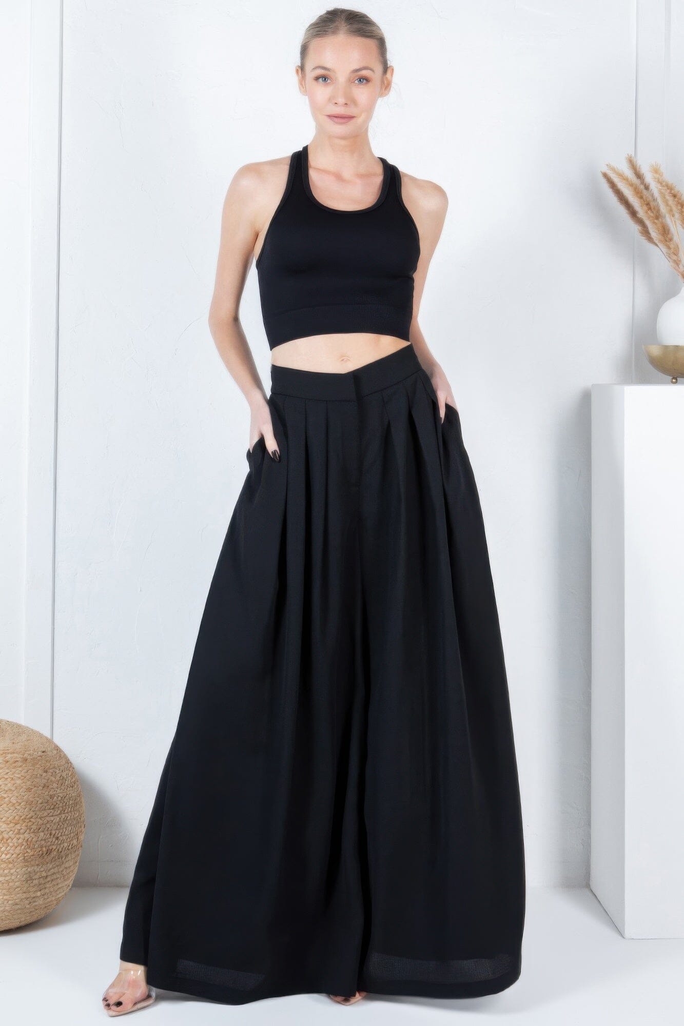 Women Large Hem Wide Leg Pleated Solid Pants Pants jehouze 
