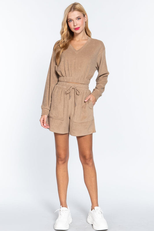 Women Long Sleeve Elasticized Hem Terry Towelling Top Shirts & Tops jehouze 