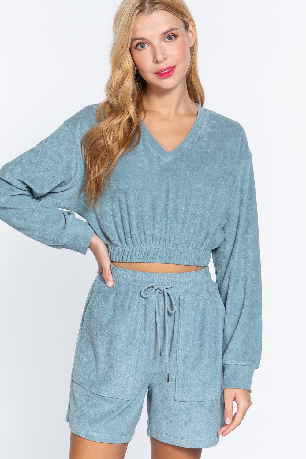 Women Long Sleeve Elasticized Hem Terry Towelling Top Shirts & Tops jehouze Stone Blue S 