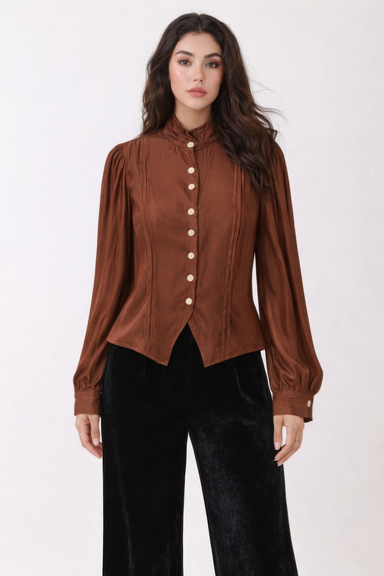 Women Long Sleeve Elegant Satin-finish Victorian Button-up Top Shirts & Tops jehouze Brown S 