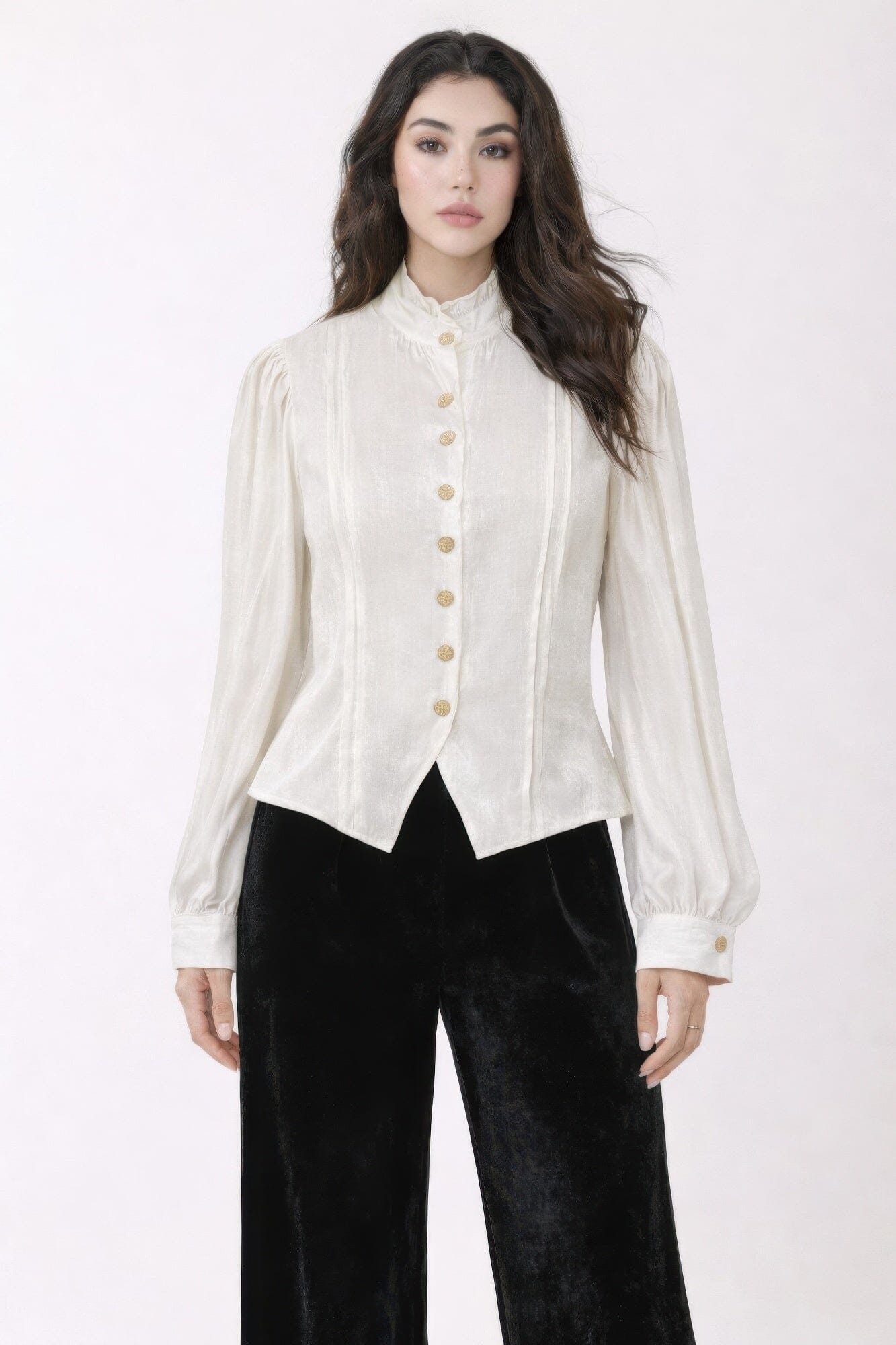 Women Long Sleeve Elegant Satin-finish Victorian Button-up Top Shirts & Tops jehouze White S 