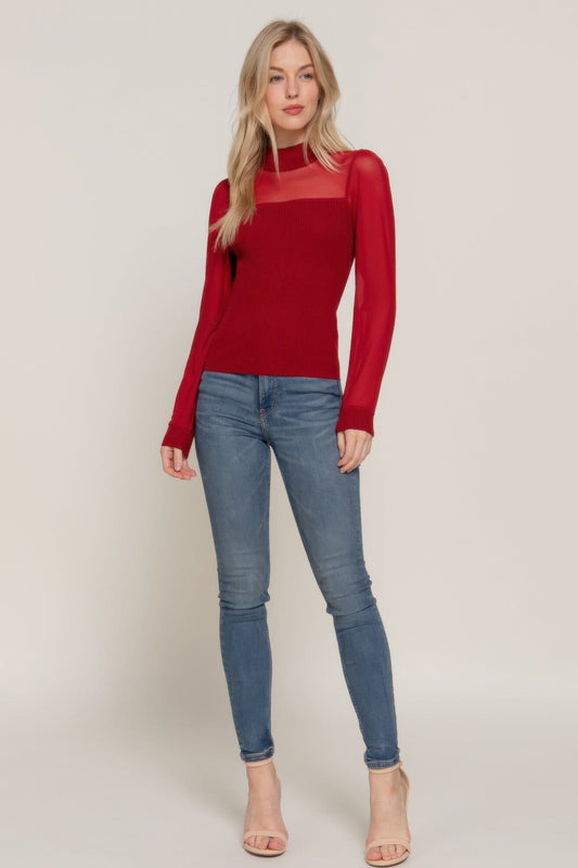 Women Long Sleeve Mesh Panel Detail Sweater Top Shirts & Tops jehouze 
