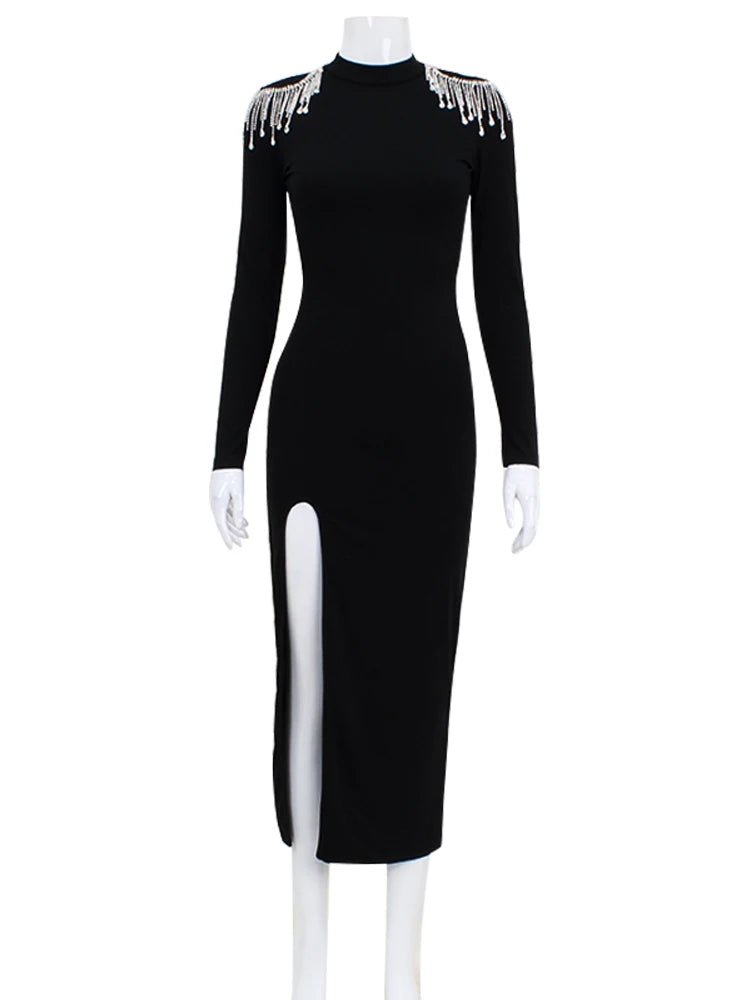 Women Long Sleeve Mock Neck One Piece Backless Rhinestone Bodycon Midi Dress Dresses jehouze 