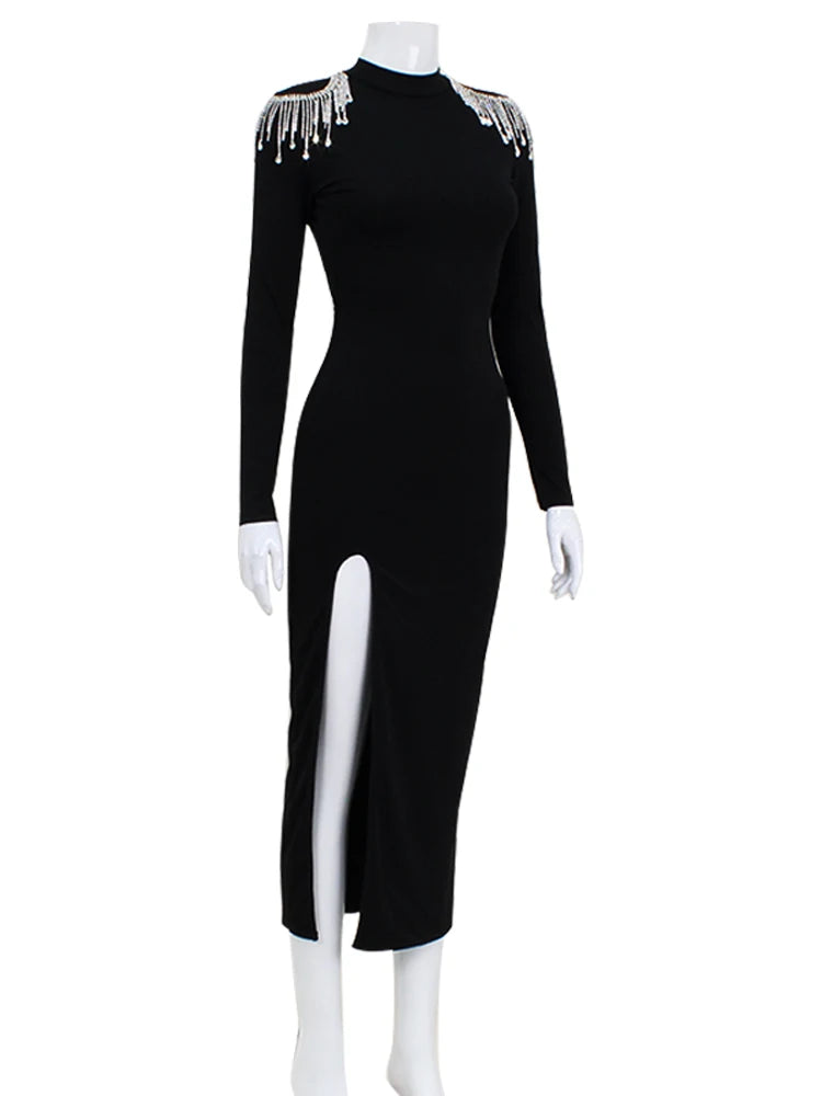 Women Long Sleeve Mock Neck One Piece Backless Rhinestone Bodycon Midi Dress Dresses jehouze 