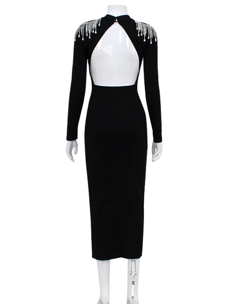 Women Long Sleeve Mock Neck One Piece Backless Rhinestone Bodycon Midi Dress Dresses jehouze 