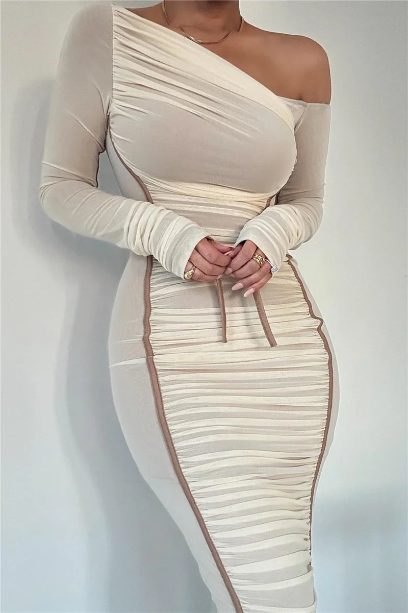 Women Long Sleeve One Shoulder Sexy Bodycon Mesh Ruched Midi Party Dress Dresses jehouze 